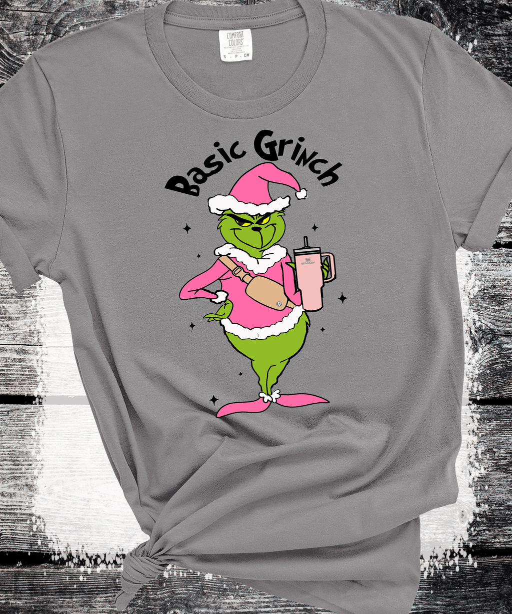 A Blessed Texas Mess Boutique Basic Grinch Fanny pack Stanley Cup Pink Grinch Funny Christmas Grinch Shirt — A Blessed Texas Mess Boutique branding close-up