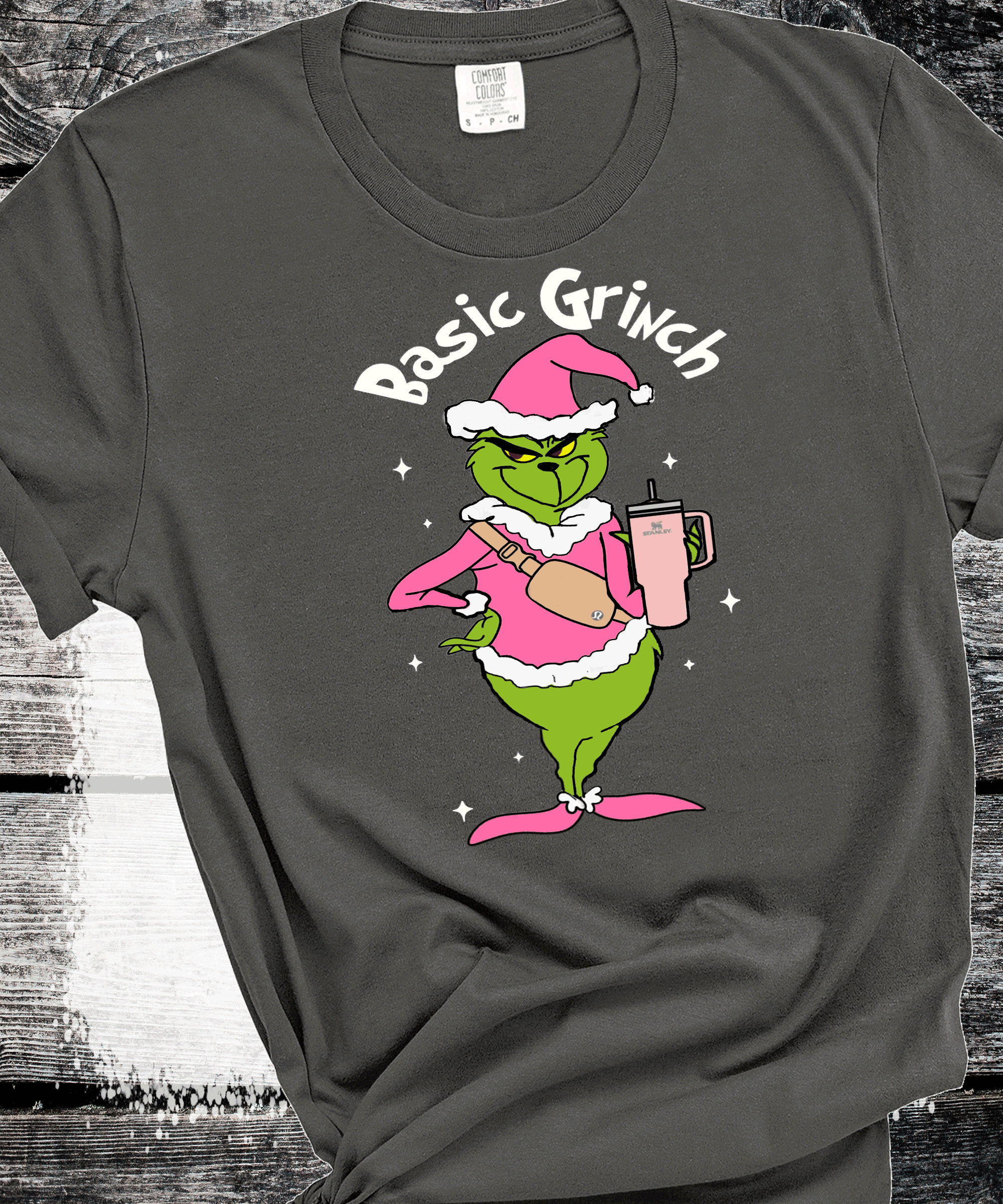 A Blessed Texas Mess Boutique Basic Grinch Fanny pack Stanley Cup Pink Grinch Funny Christmas Grinch Shirt — detail and construction
