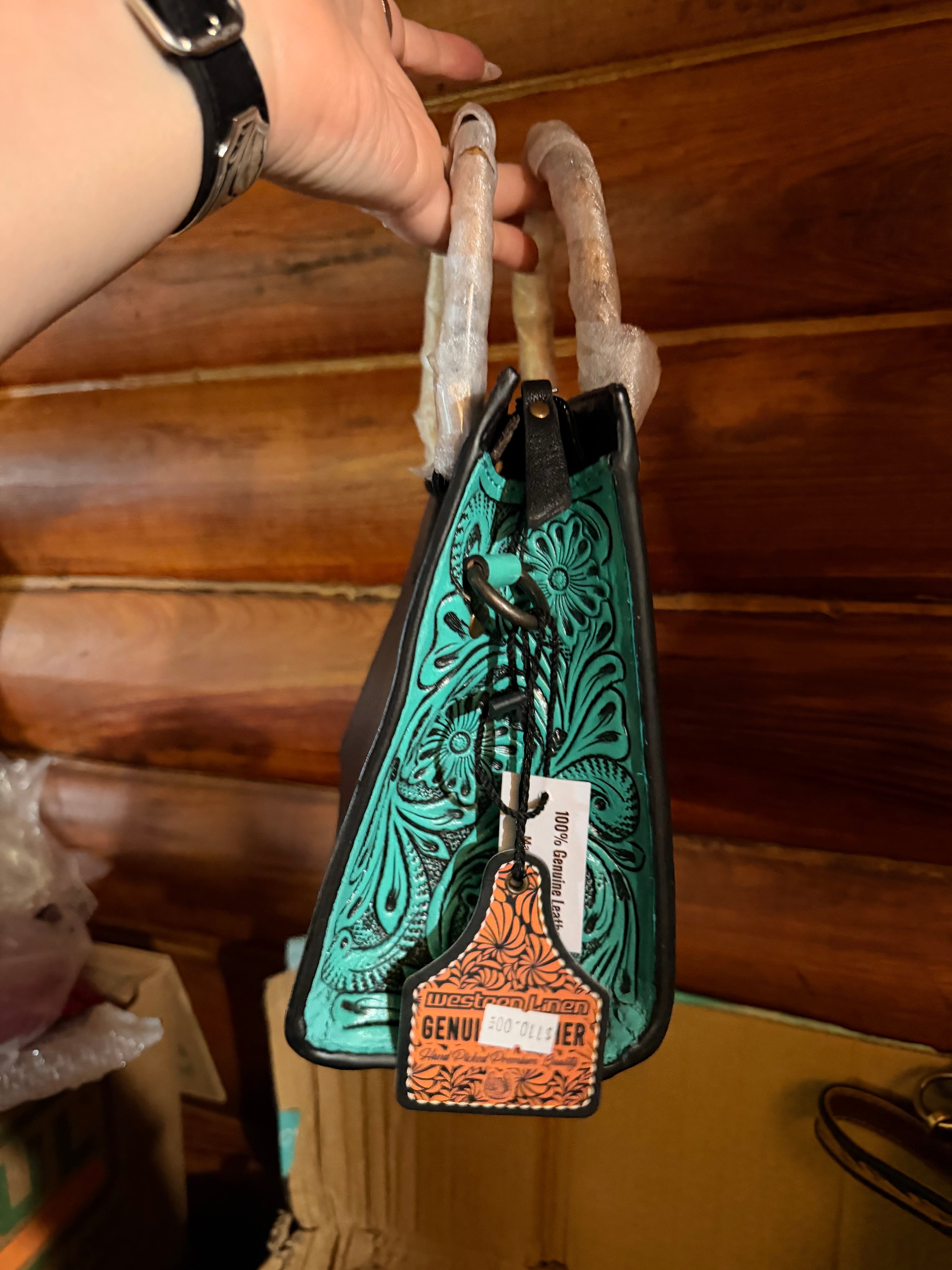 Genuine Leather, Hand Tooled, Hair on Hide Small tote with wooden handles