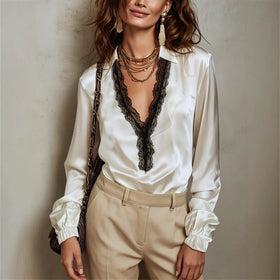 Women's V-Neck Black Lace Patchwork Lantern Sleeve Blouse