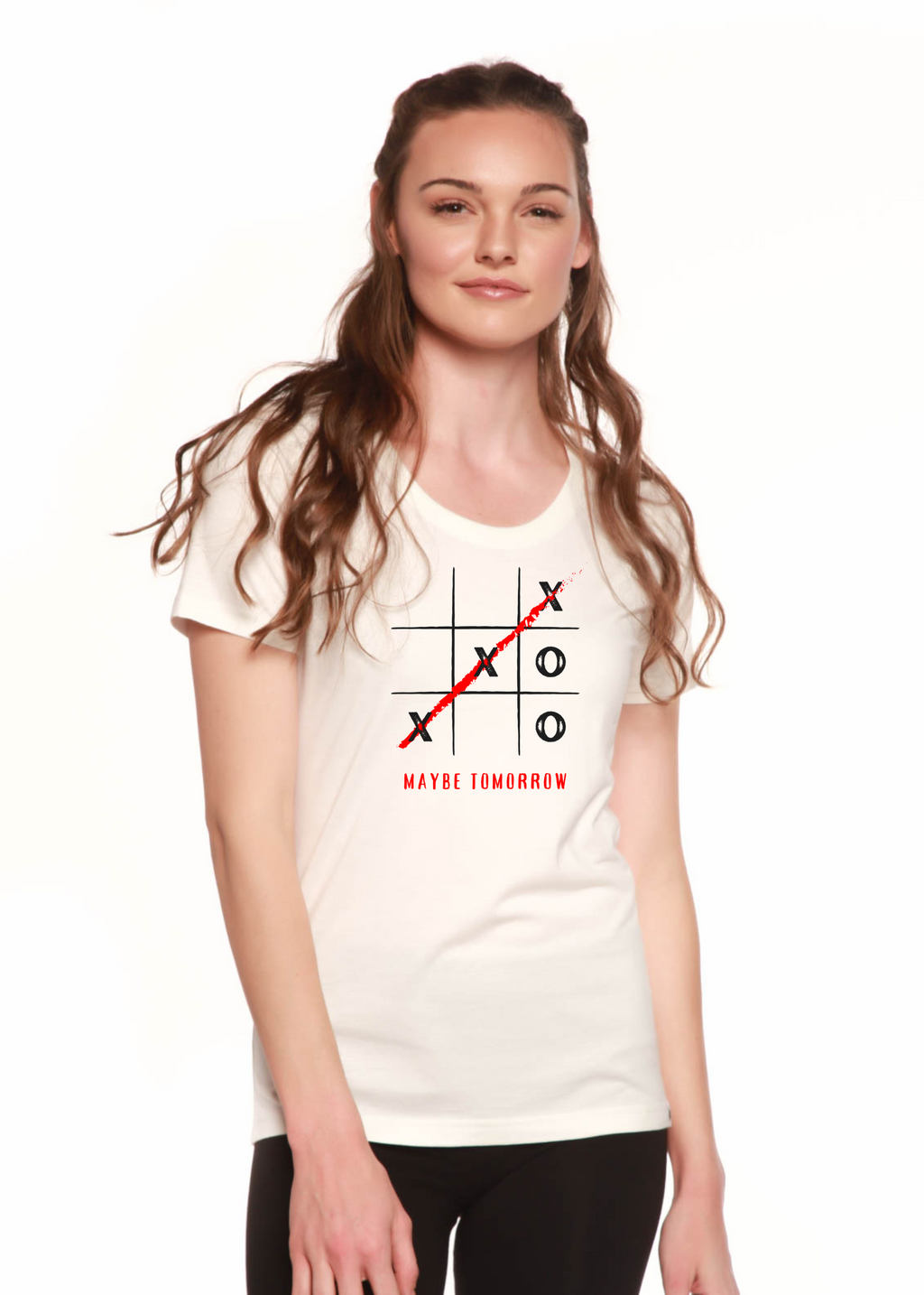 Spun Bamboo Maybe Tomorrow Women's Bamboo Sleeve Scoop Neck Graphic T-Shirt — detail close-up