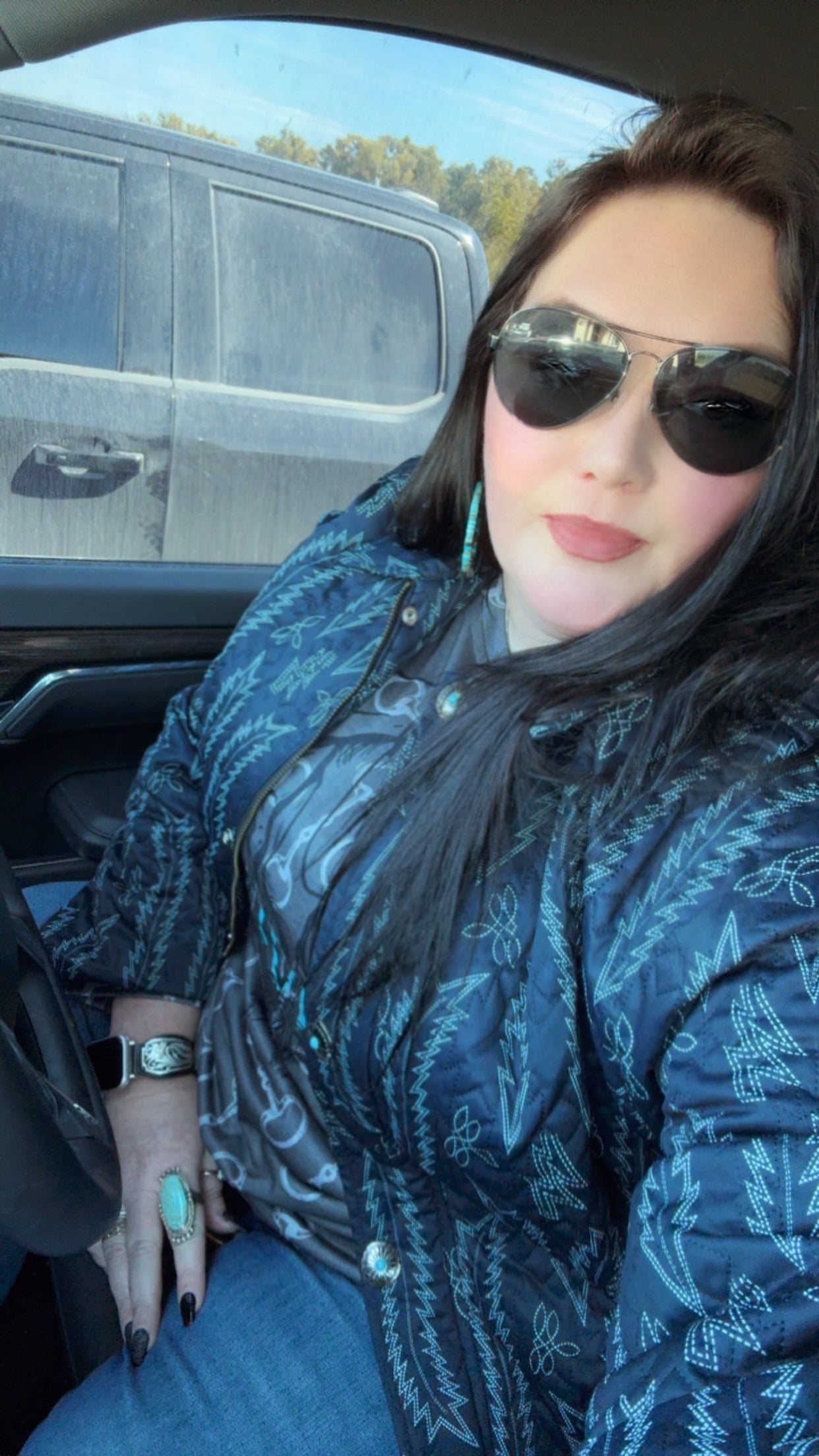 Lucky & Blessed Black Boot-stitch Printed Quilted Jacket W Front Pockets Plus Size