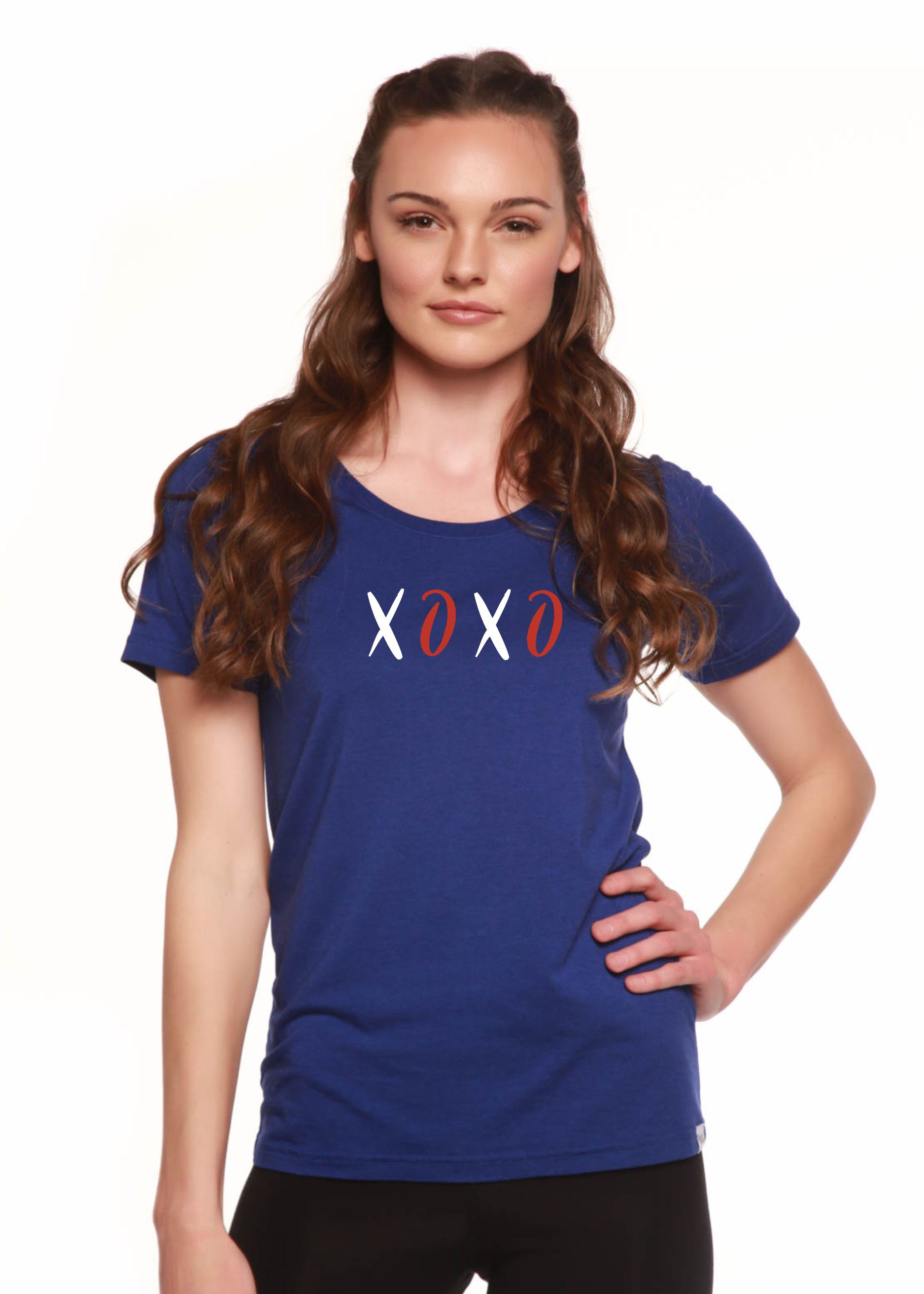 Spun Bamboo XOXO Women's Bamboo Sleeve Scoop Neck Graphic T-Shirt — detail close-up