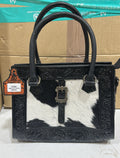 Genuine Leather Black Cowhide Buckle Tote