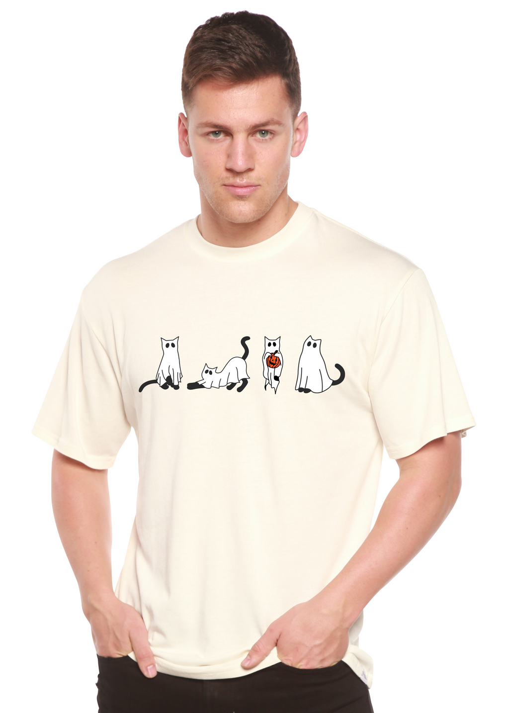 Spun Bamboo Halloween Cats Men's Bamboo Viscose/Organic Cotton Short Sleeve Graphic T-Shirt — detail close-up
