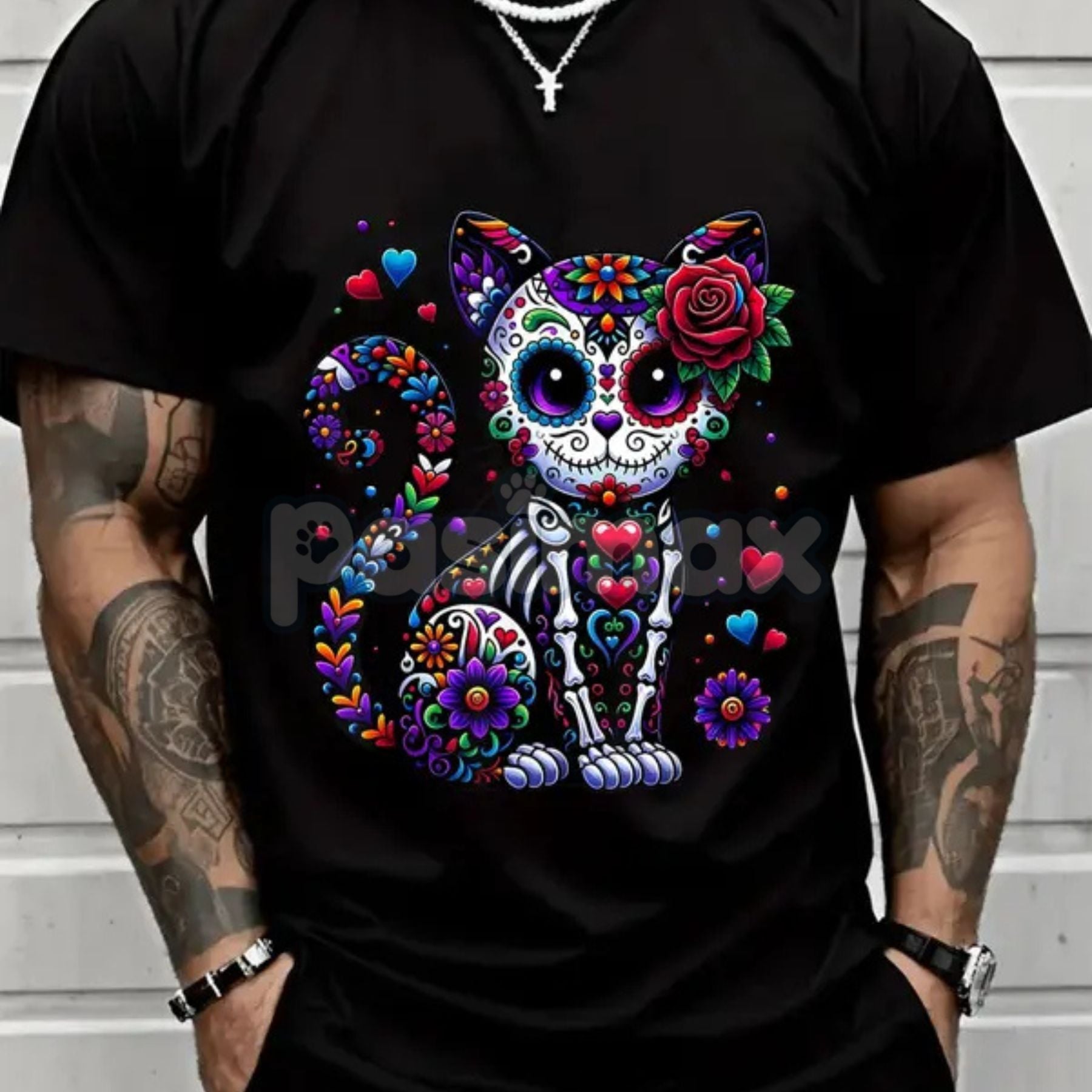 Pasimax Catrina Sugar Skull T-Shirt - Día de Muertos / Cinco de Mayo Cat Tee, Unisex Vibrant Mexican Graphic Apparel — detail
