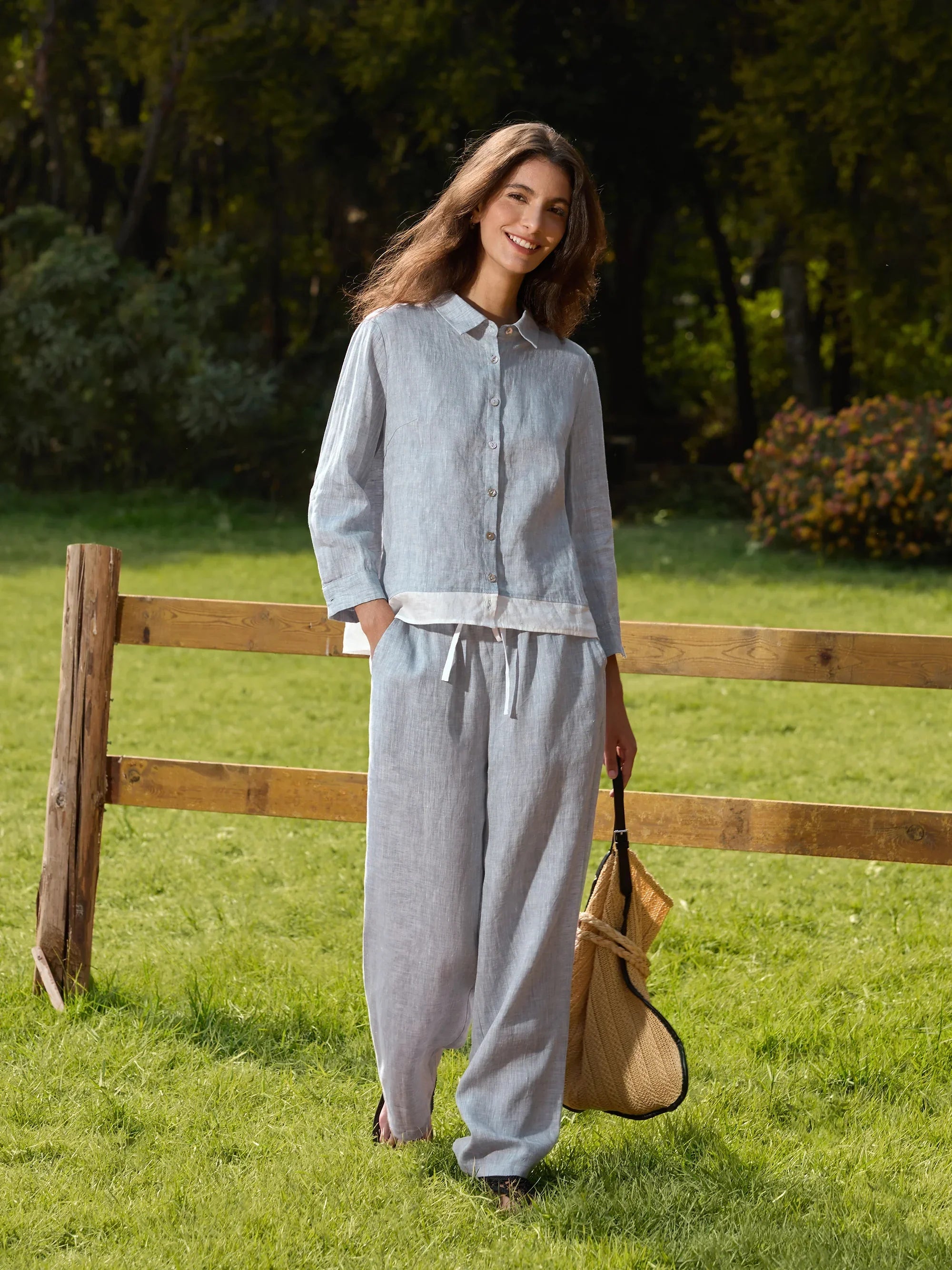 LINTICO 100% Linen Elastic Waist Straight-Leg Trousers JOURDAN — detail shot 7