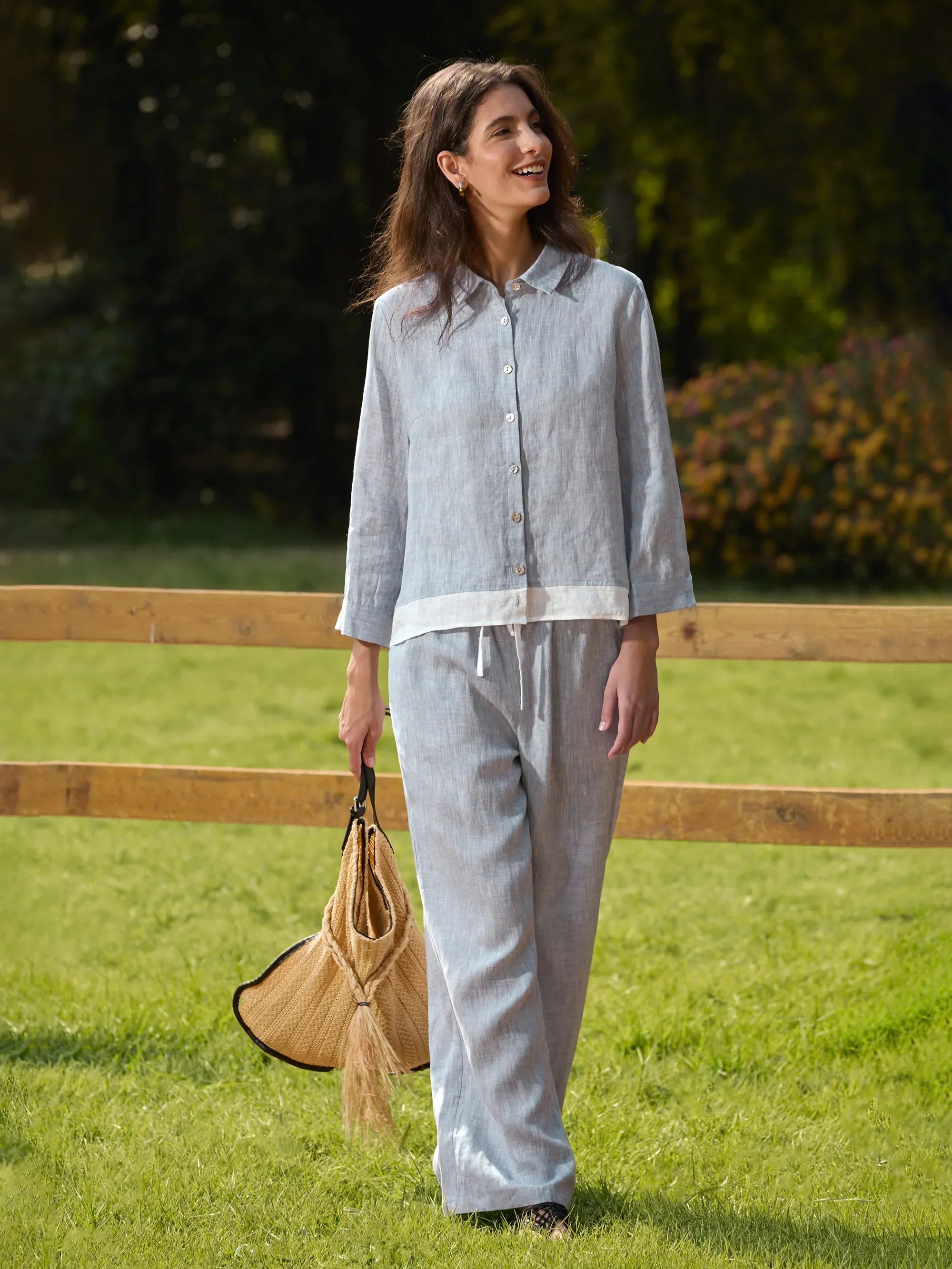 LINTICO 100% Linen Elastic Waist Straight-Leg Trousers JOURDAN — detail shot 8