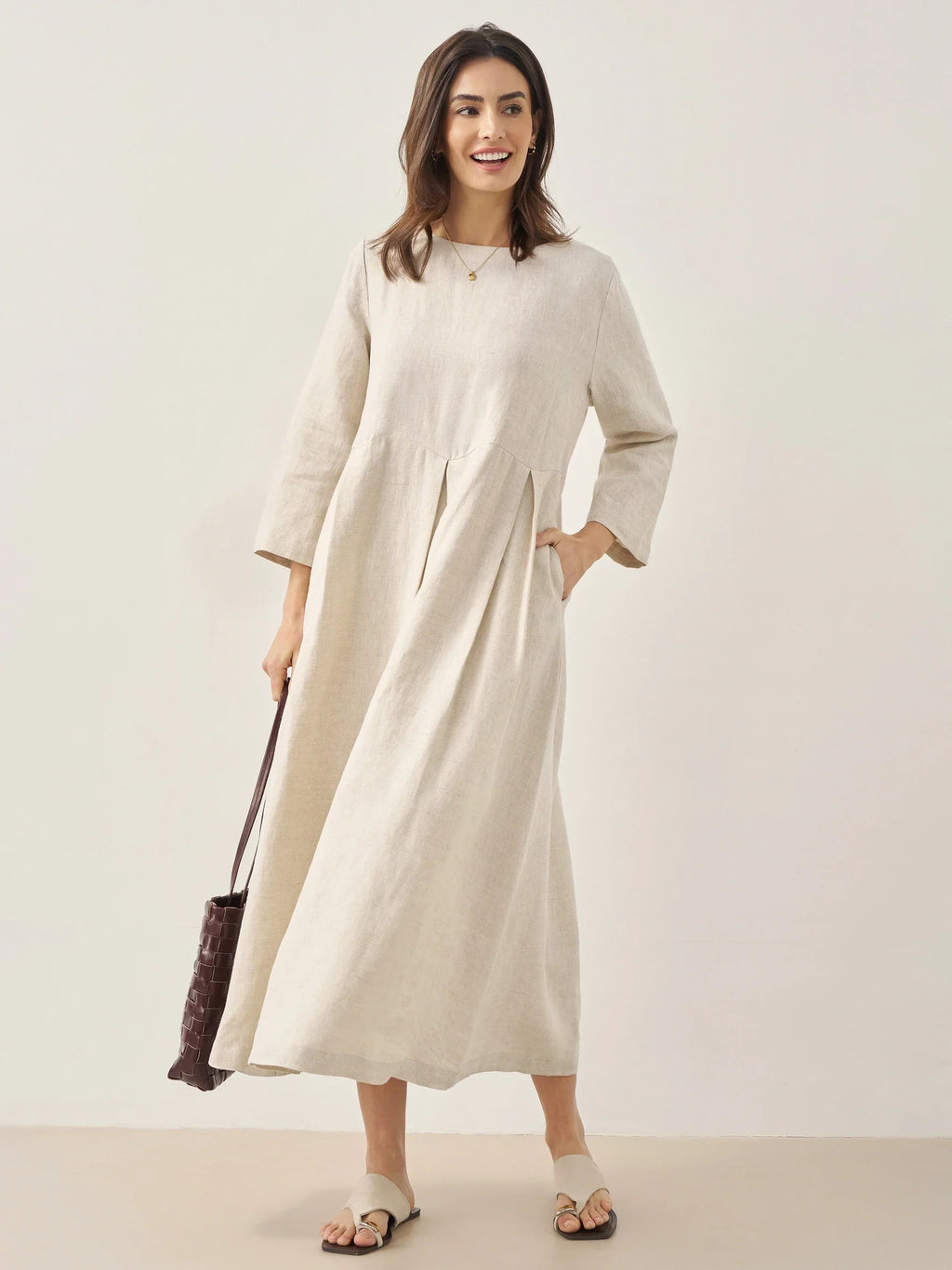 LINTICO 100% Linen Bateau Neck Pleated Maxi Dress ABIGAIL — lifestyle context