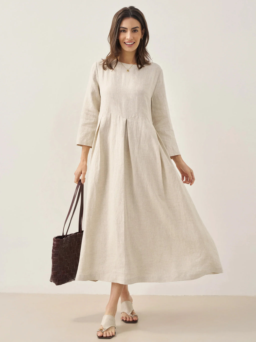 LINTICO 100% Linen Bateau Neck Pleated Maxi Dress ABIGAIL — main product shot