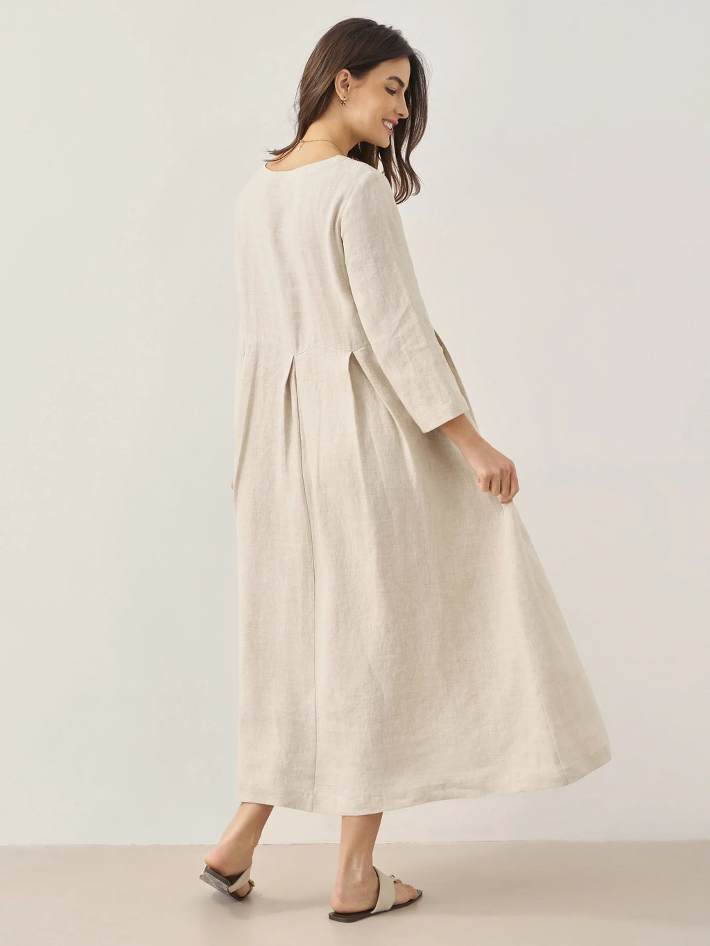 LINTICO 100% Linen Bateau Neck Pleated Maxi Dress ABIGAIL — lifestyle worn / used context
