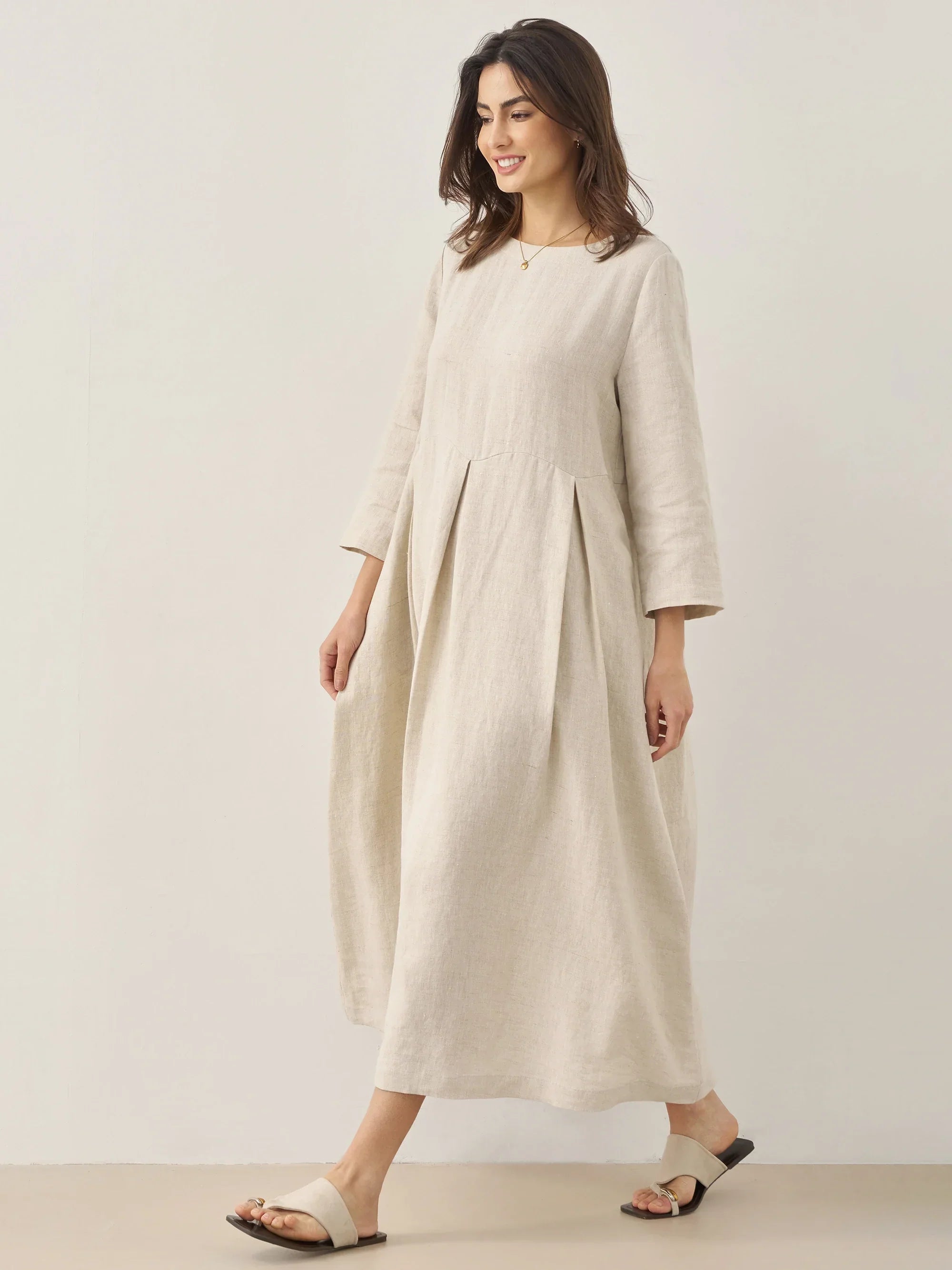 LINTICO 100% Linen Bateau Neck Pleated Maxi Dress ABIGAIL — product on model