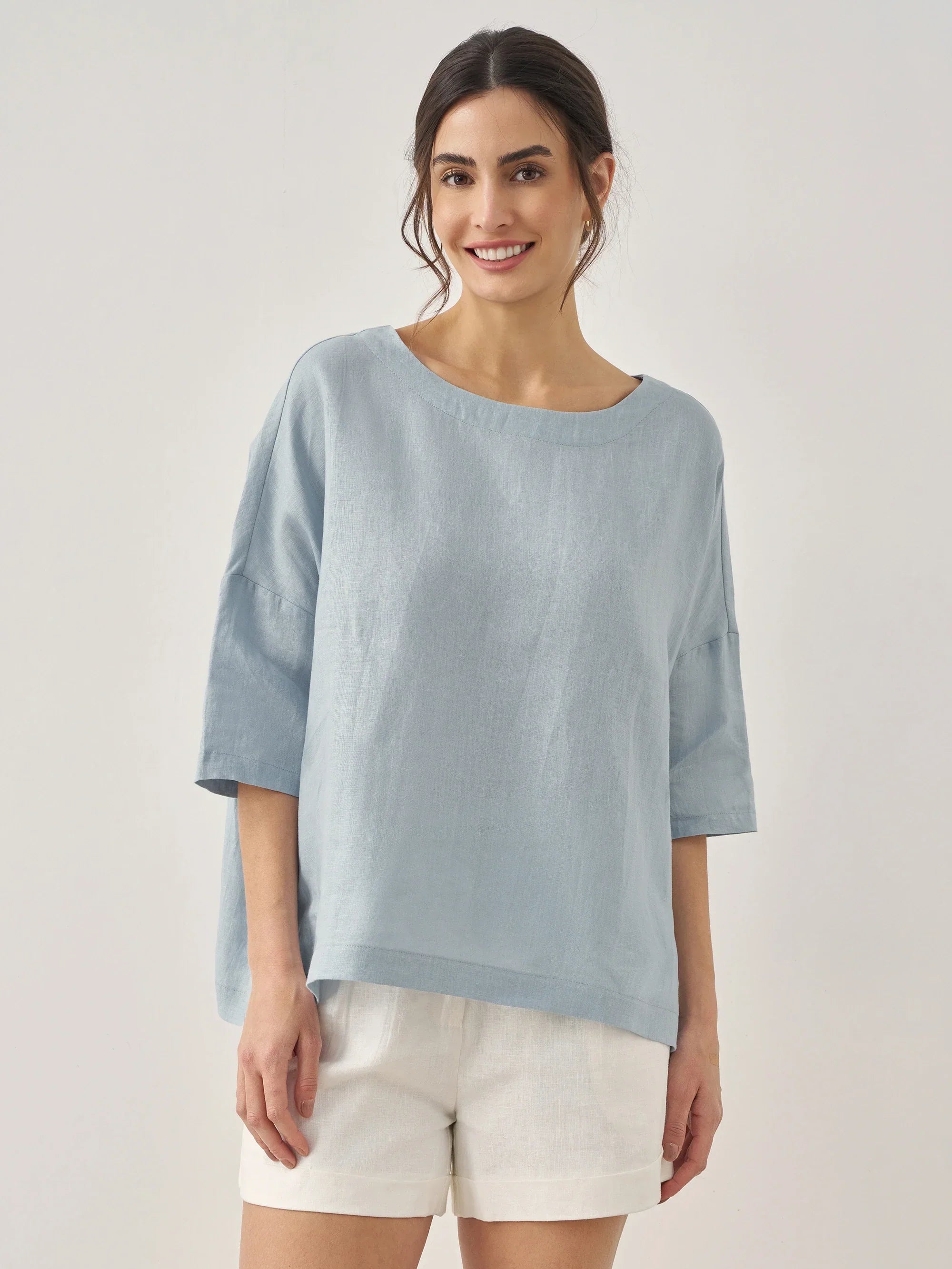 LINTICO 100% Linen Boatneck 3/4 Length Sleeve Top AURORA — detail shot 7
