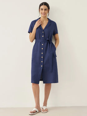 100% Linen V-Neck Button-Front Shirt Dress EILEEN