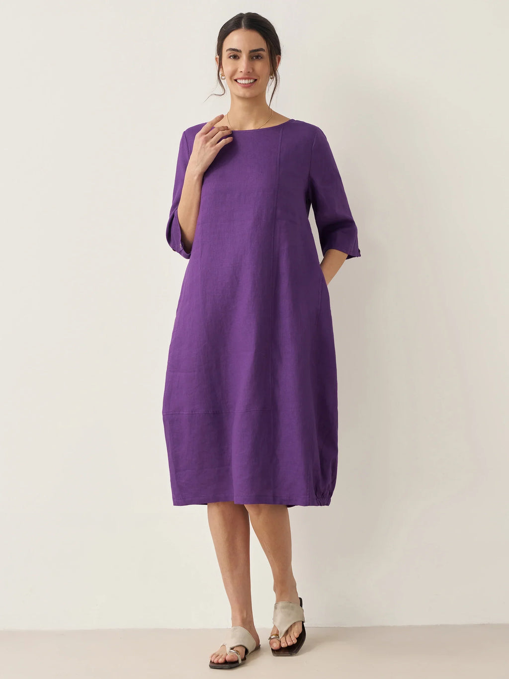 LINTICO 100% Linen Collarless Mid-Length Dress SOFIA — lifestyle worn / used context