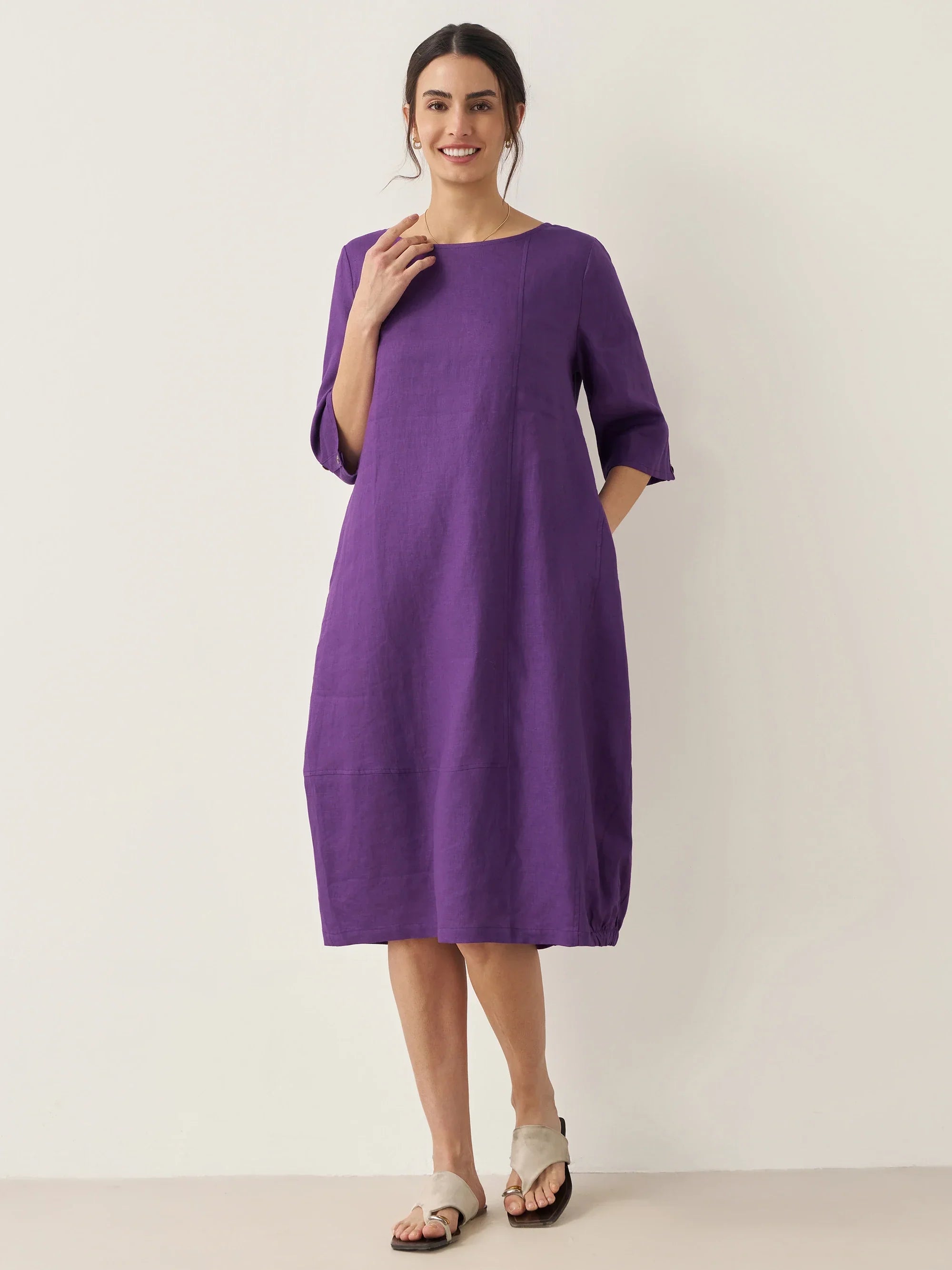 LINTICO 100% Linen Collarless Mid-Length Dress SOFIA — lifestyle worn / used context