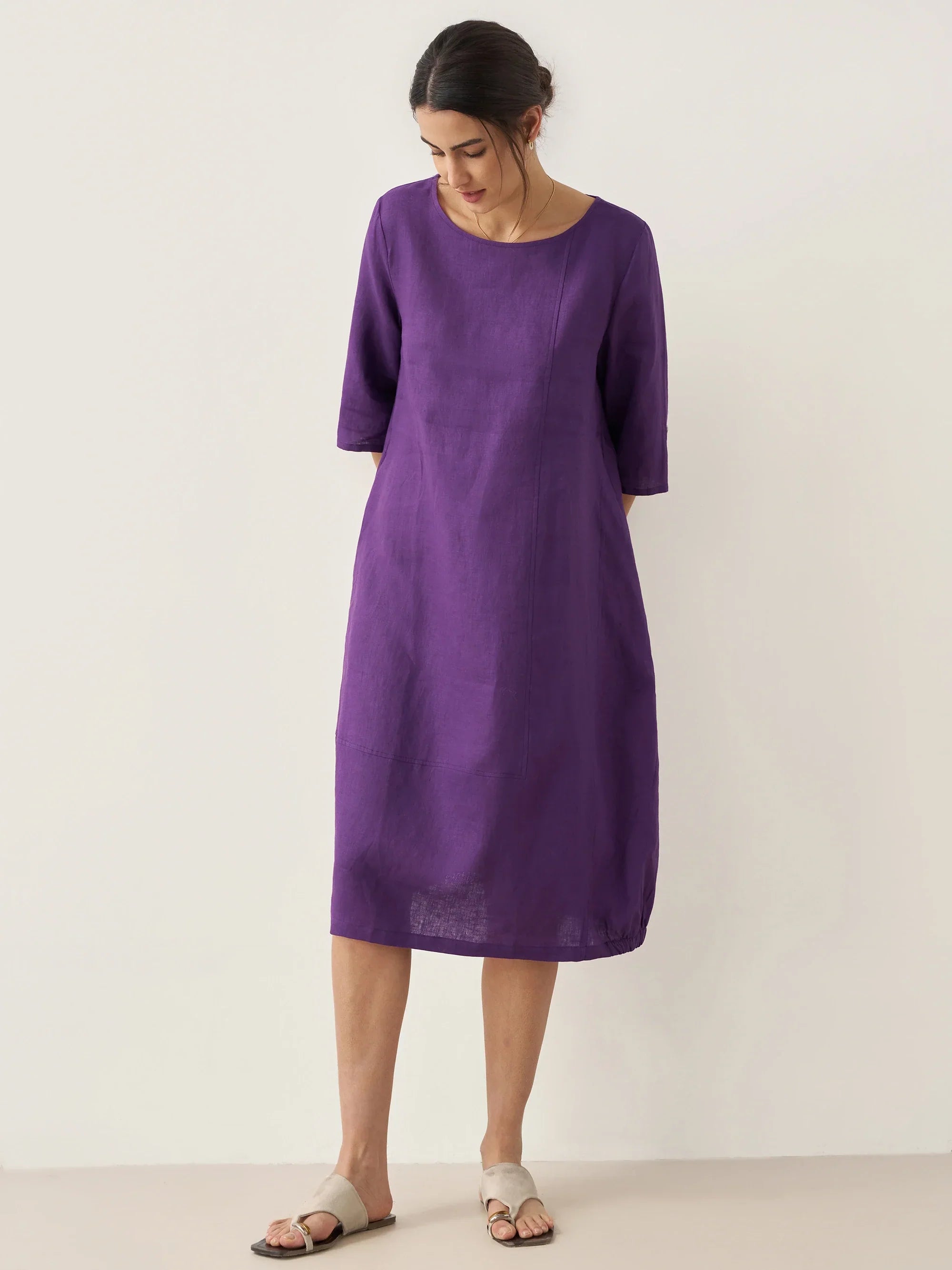 LINTICO 100% Linen Collarless Mid-Length Dress SOFIA — lifestyle worn / used context