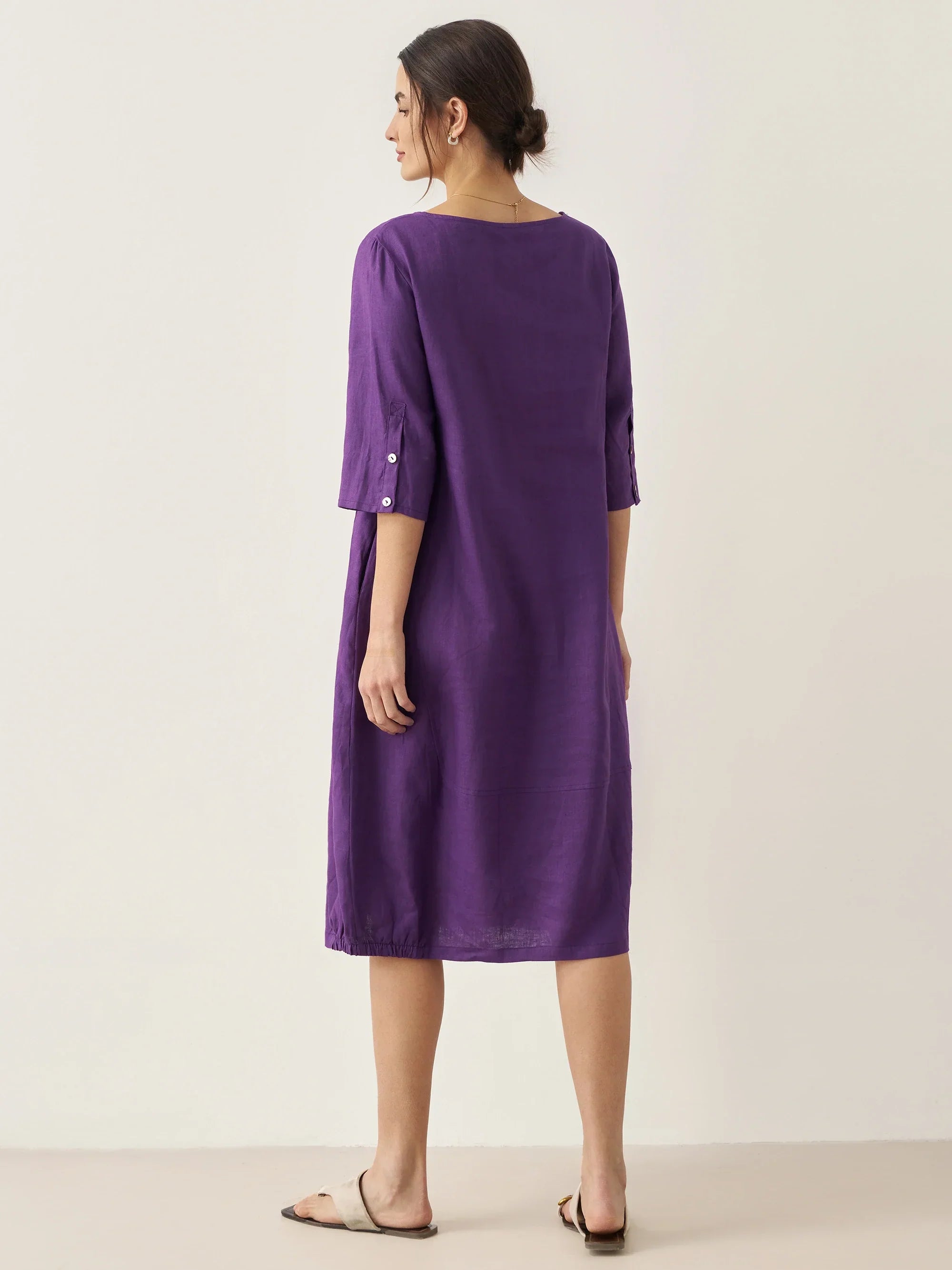 LINTICO 100% Linen Collarless Mid-Length Dress SOFIA — detail shot 8