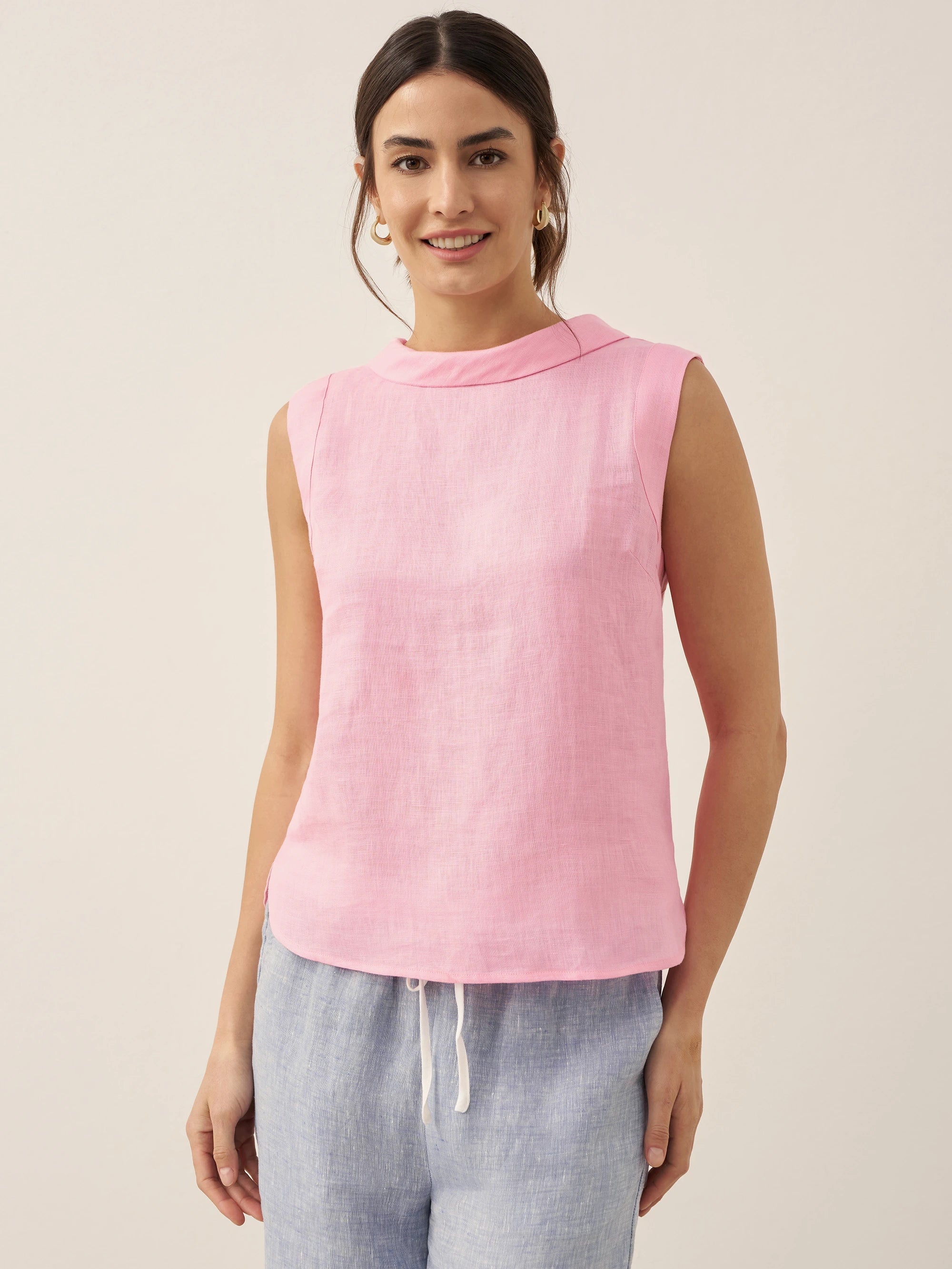 LINTICO 100% Linen Draped Collar Tank Top — construction detail