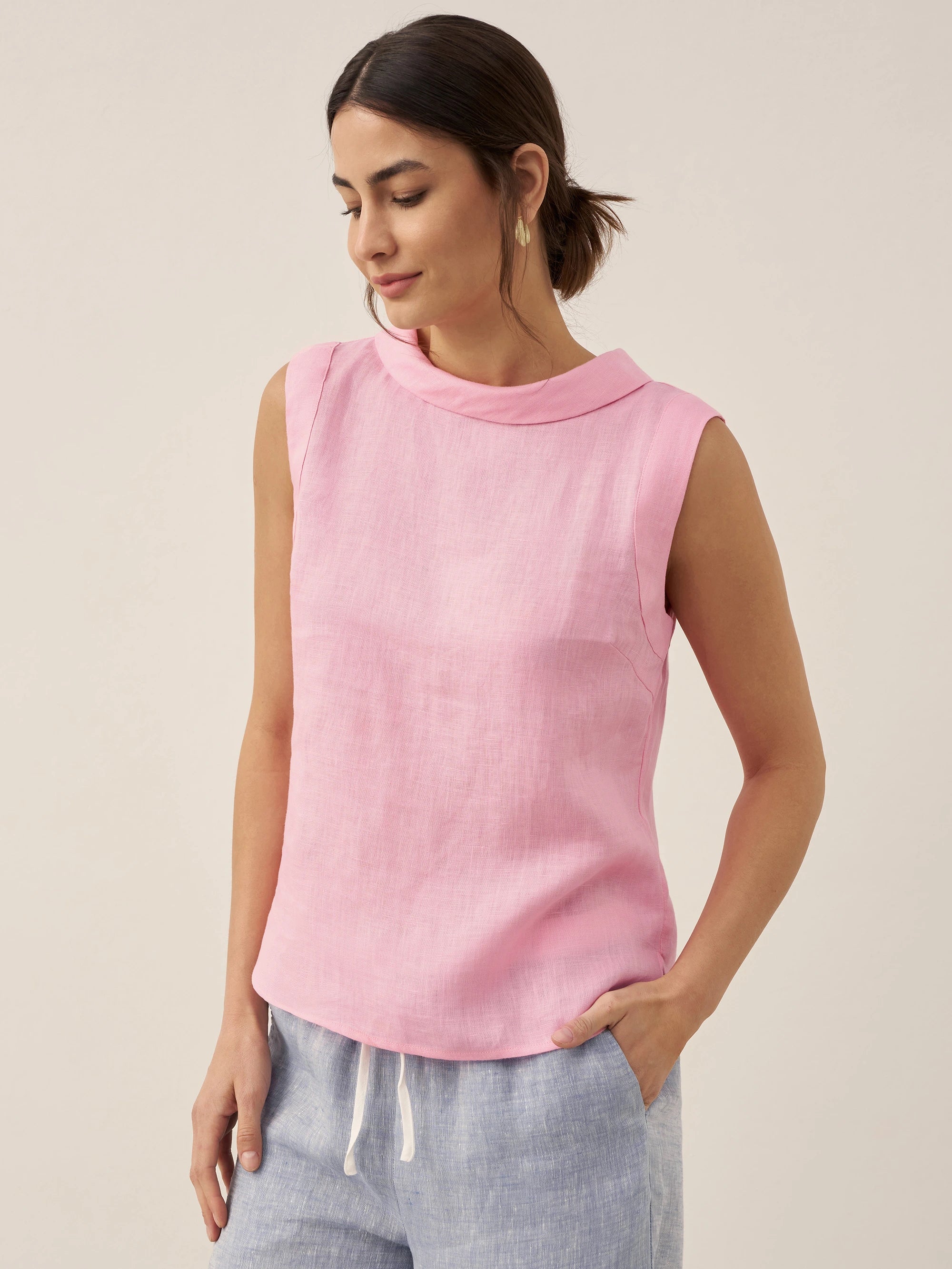 LINTICO 100% Linen Draped Collar Tank Top — main product shot