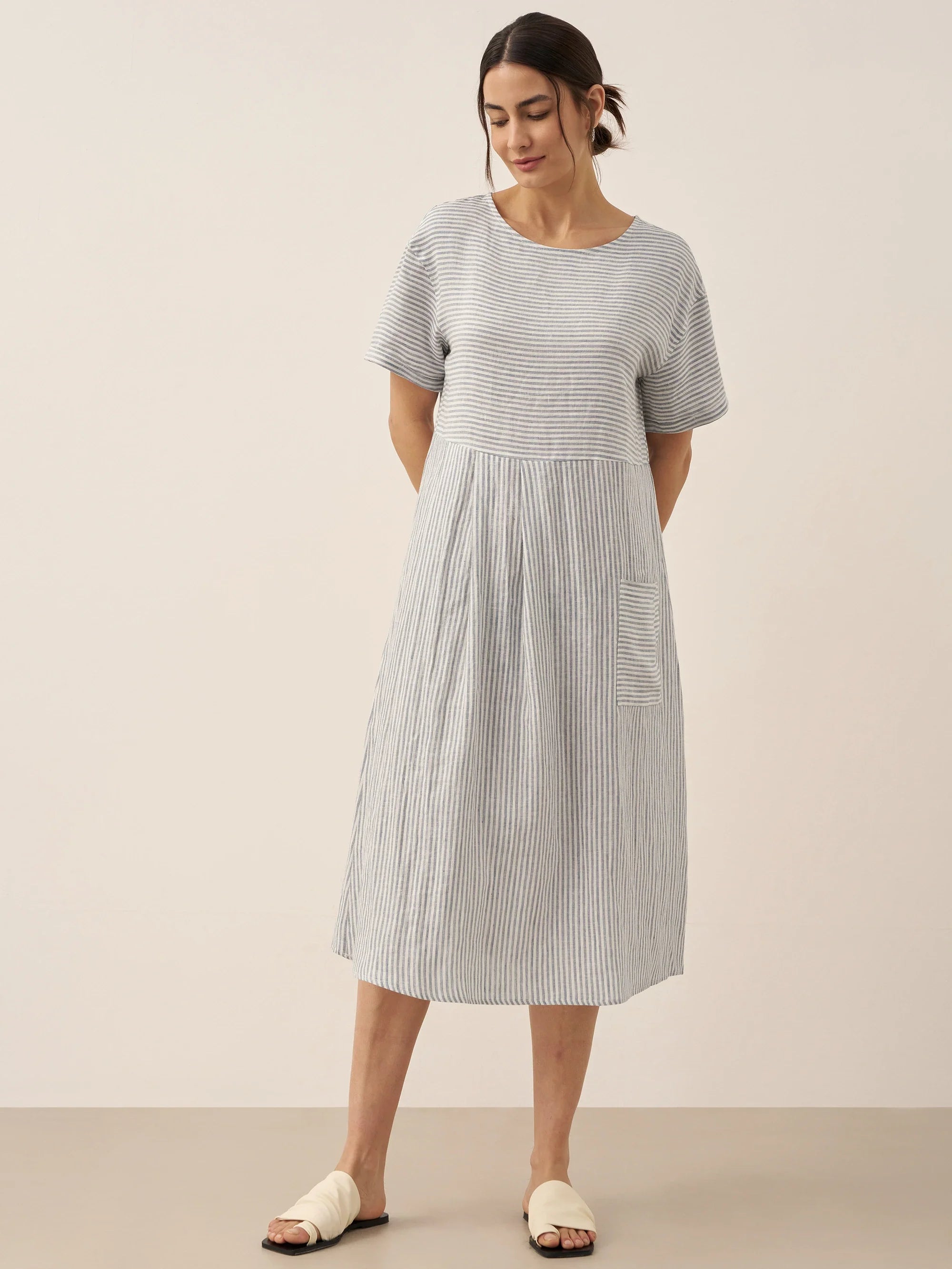 LINTICO 100% Linen Pinstripe Paneled Short-Sleeved Dress MORGAN — product on model