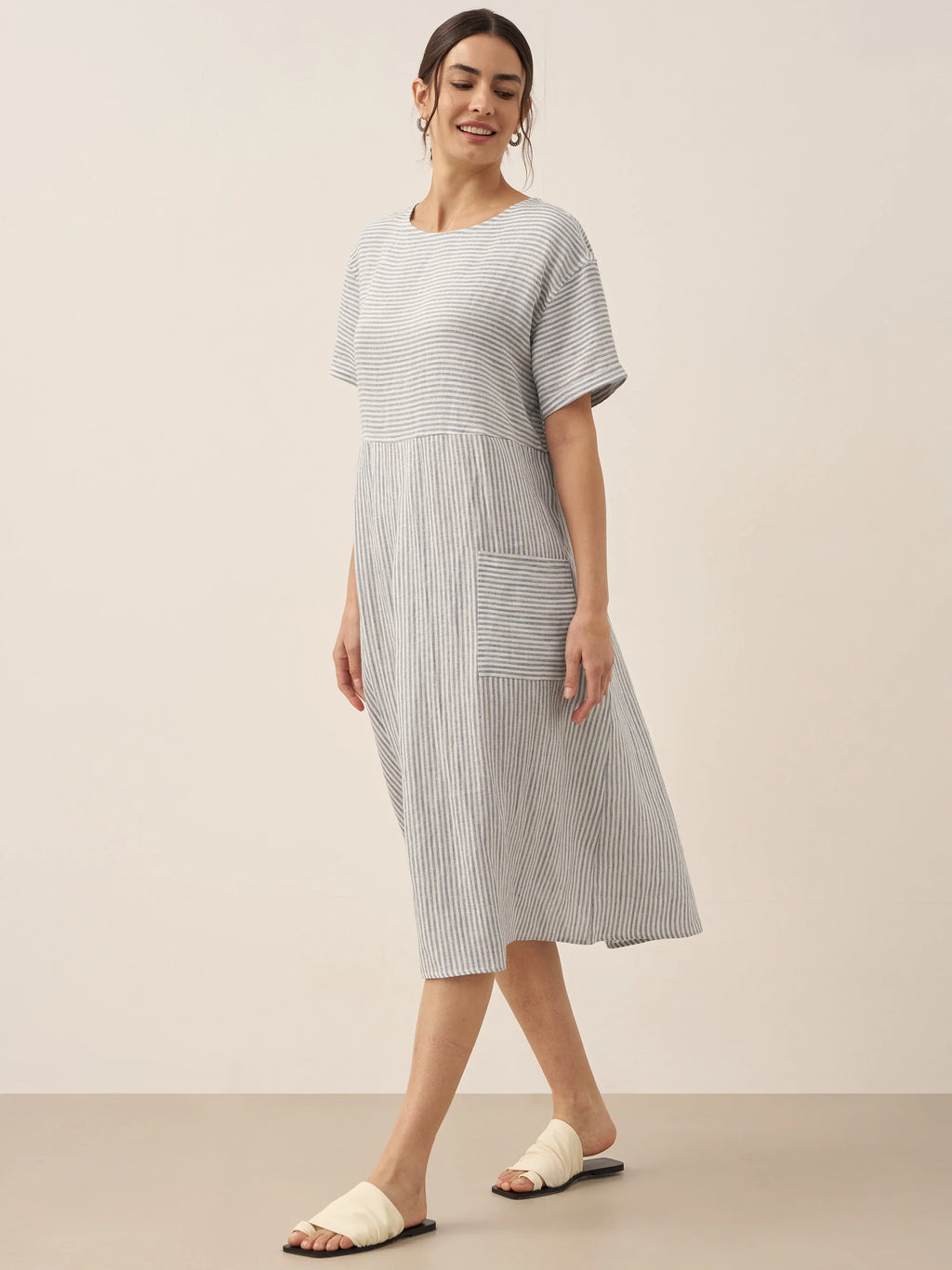 LINTICO 100% Linen Pinstripe Paneled Short-Sleeved Dress MORGAN — main product shot