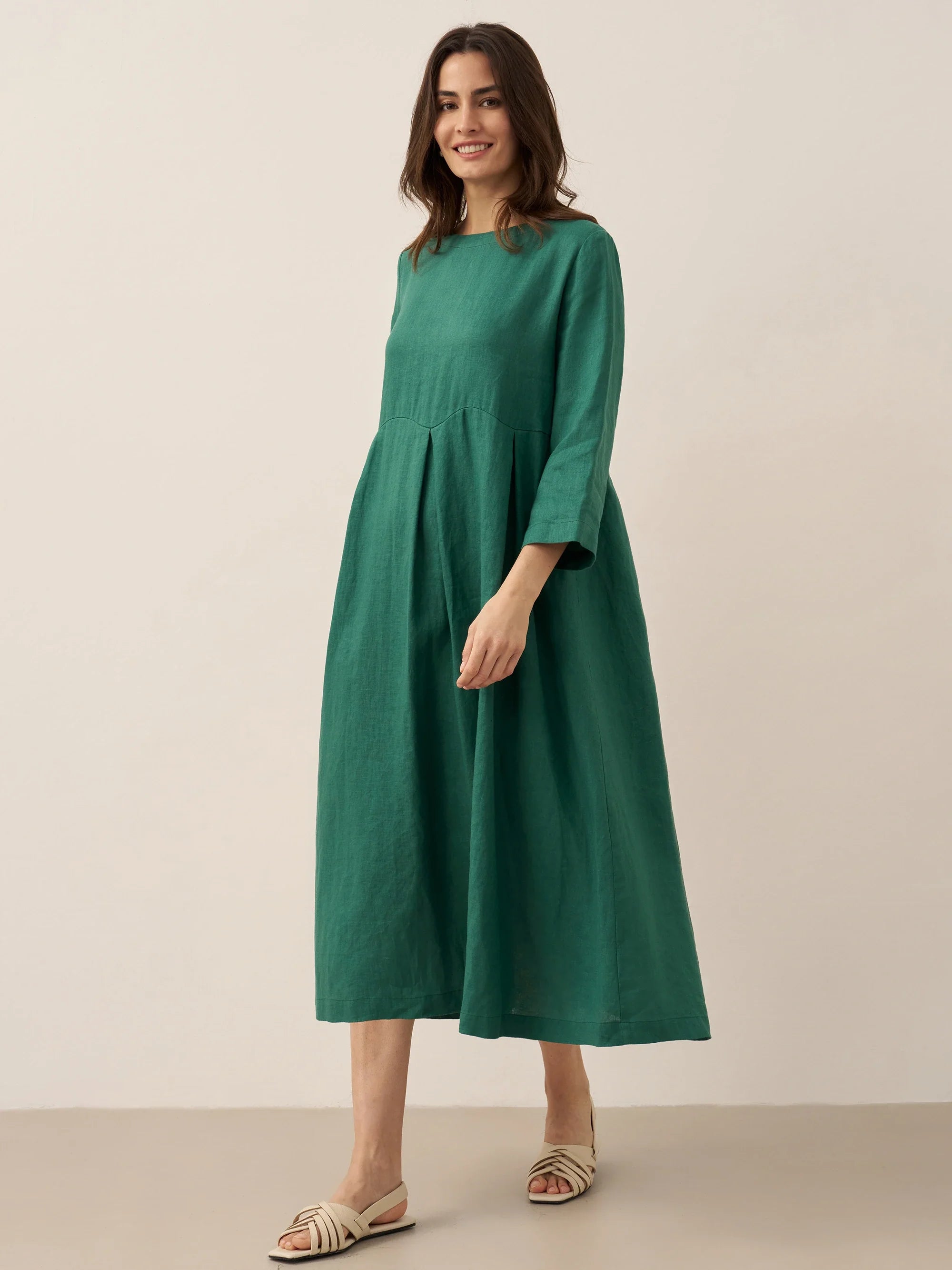 LINTICO 100% Linen Bateau Neck Pleated Maxi Dress ABIGAIL — flat-lay composition