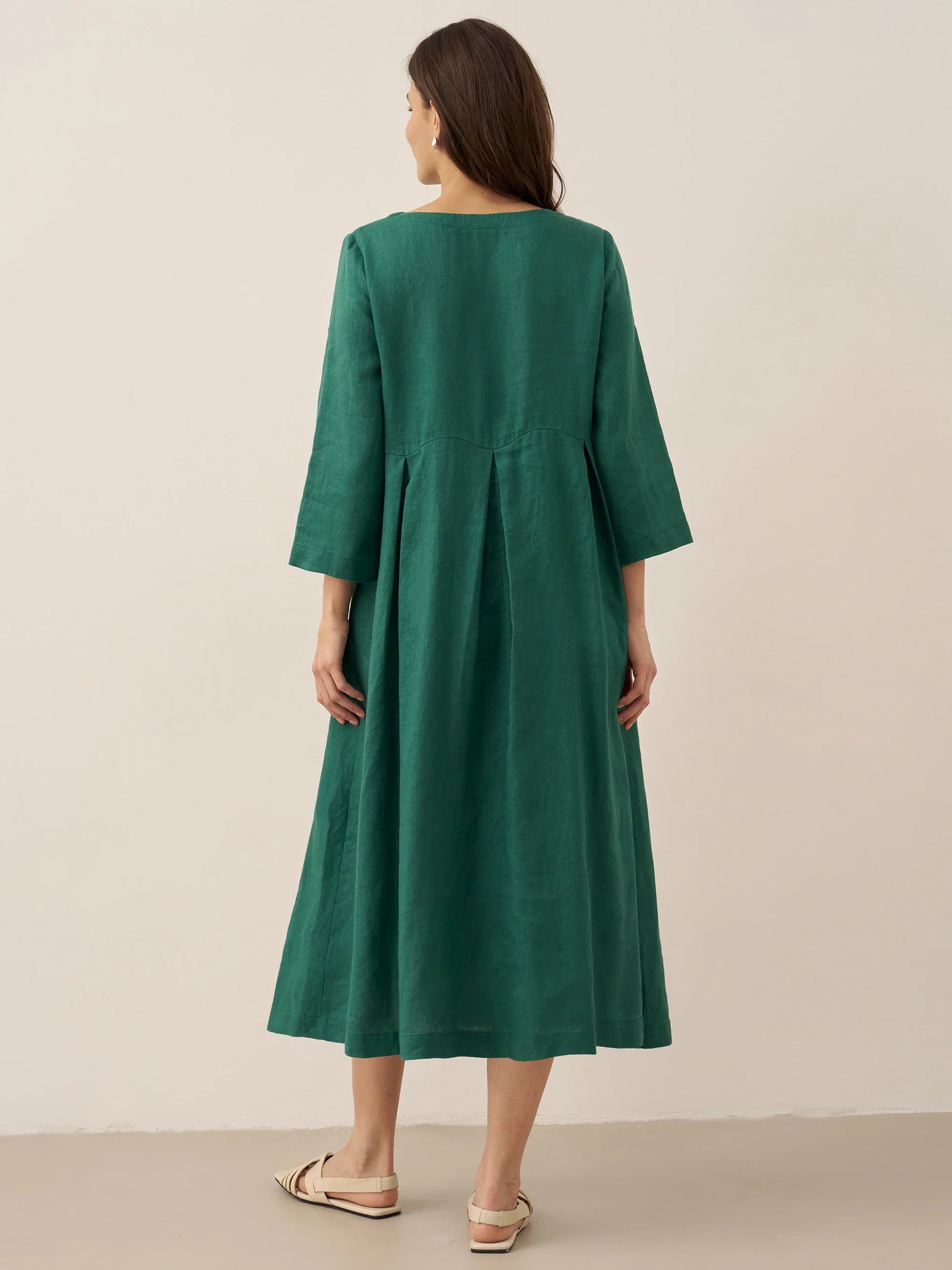 LINTICO 100% Linen Bateau Neck Pleated Maxi Dress ABIGAIL — lifestyle worn / used context
