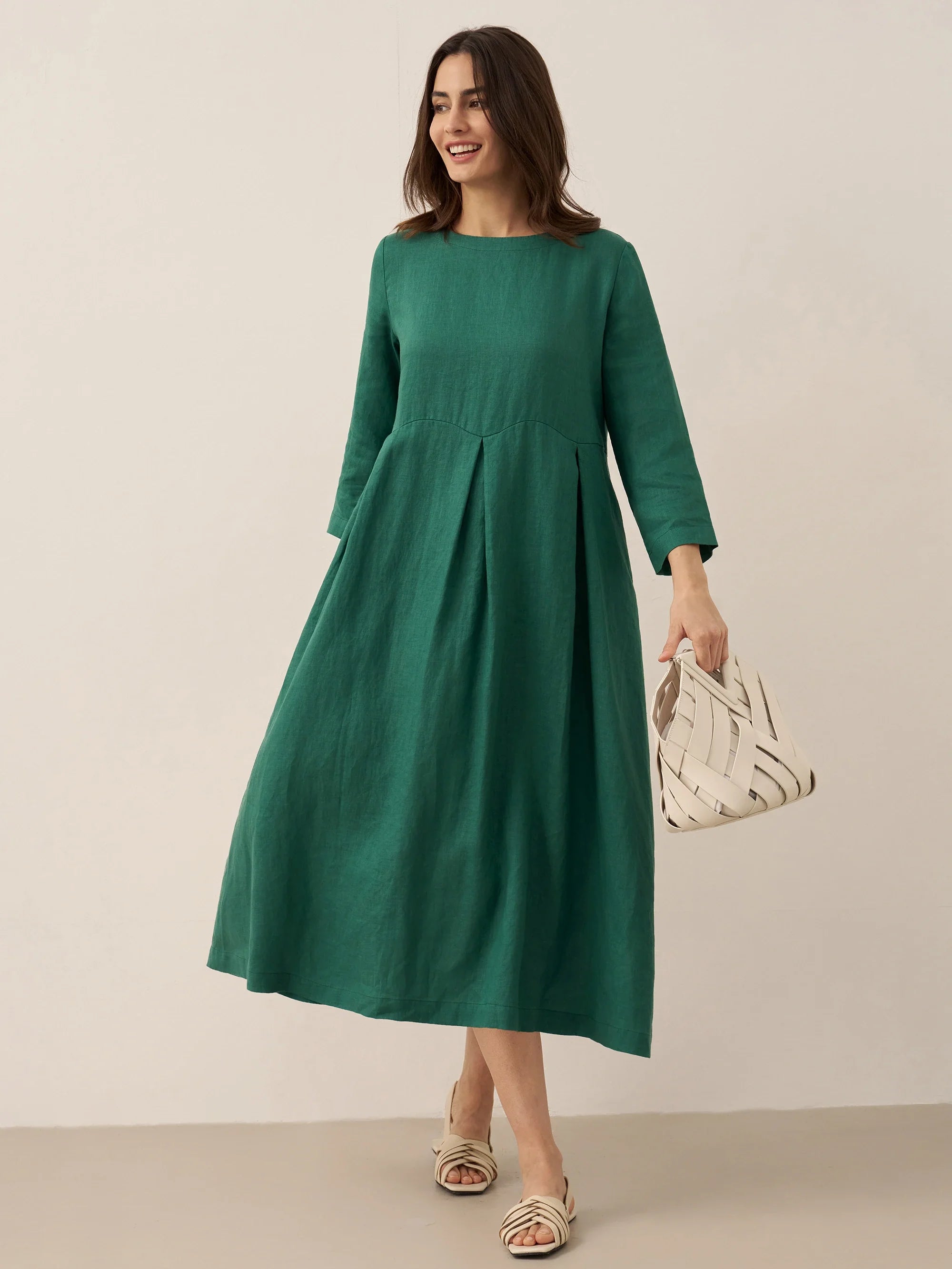 LINTICO 100% Linen Bateau Neck Pleated Maxi Dress ABIGAIL — lifestyle context