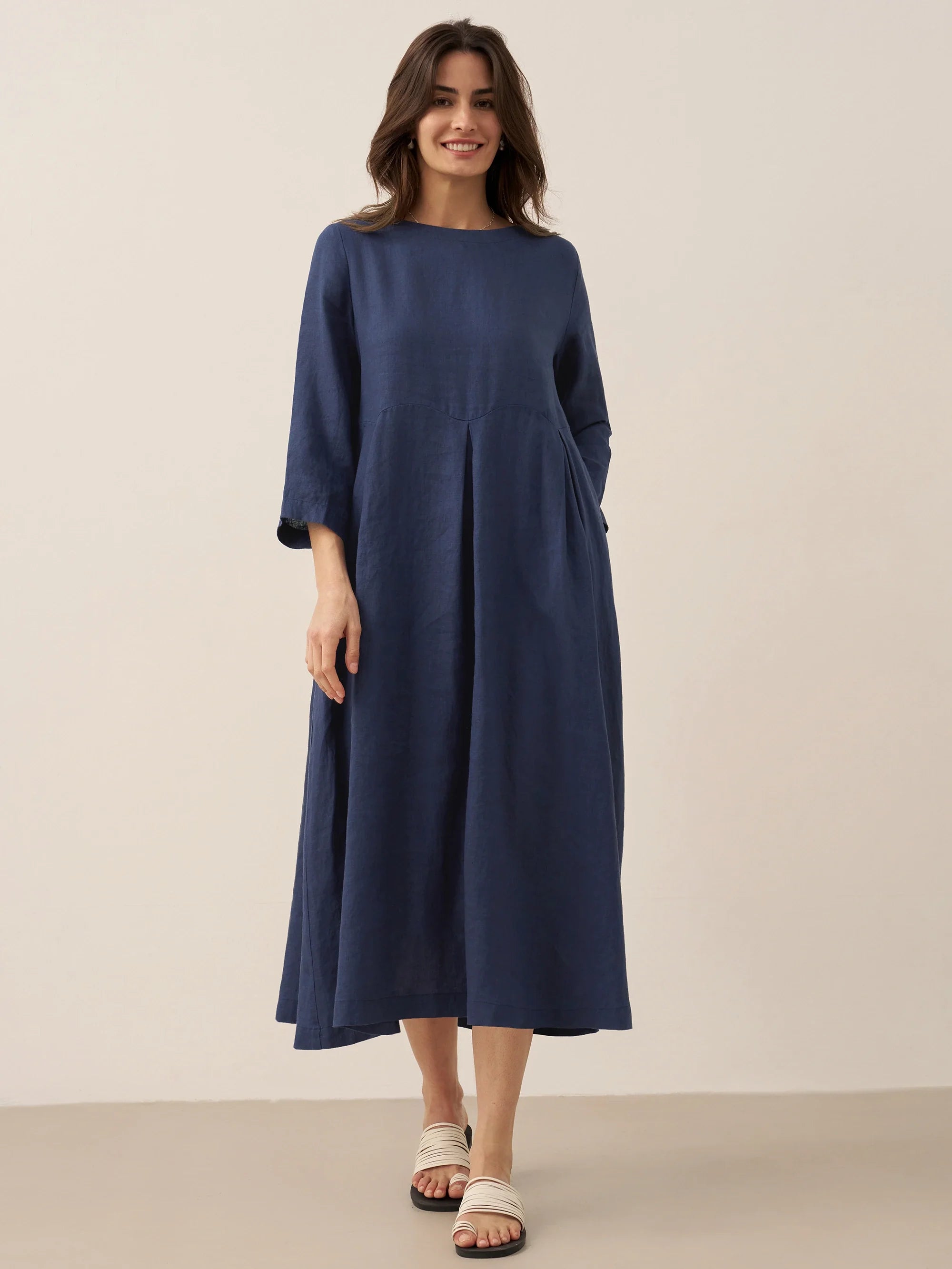 LINTICO 100% Linen Bateau Neck Pleated Maxi Dress ABIGAIL — in-use photo