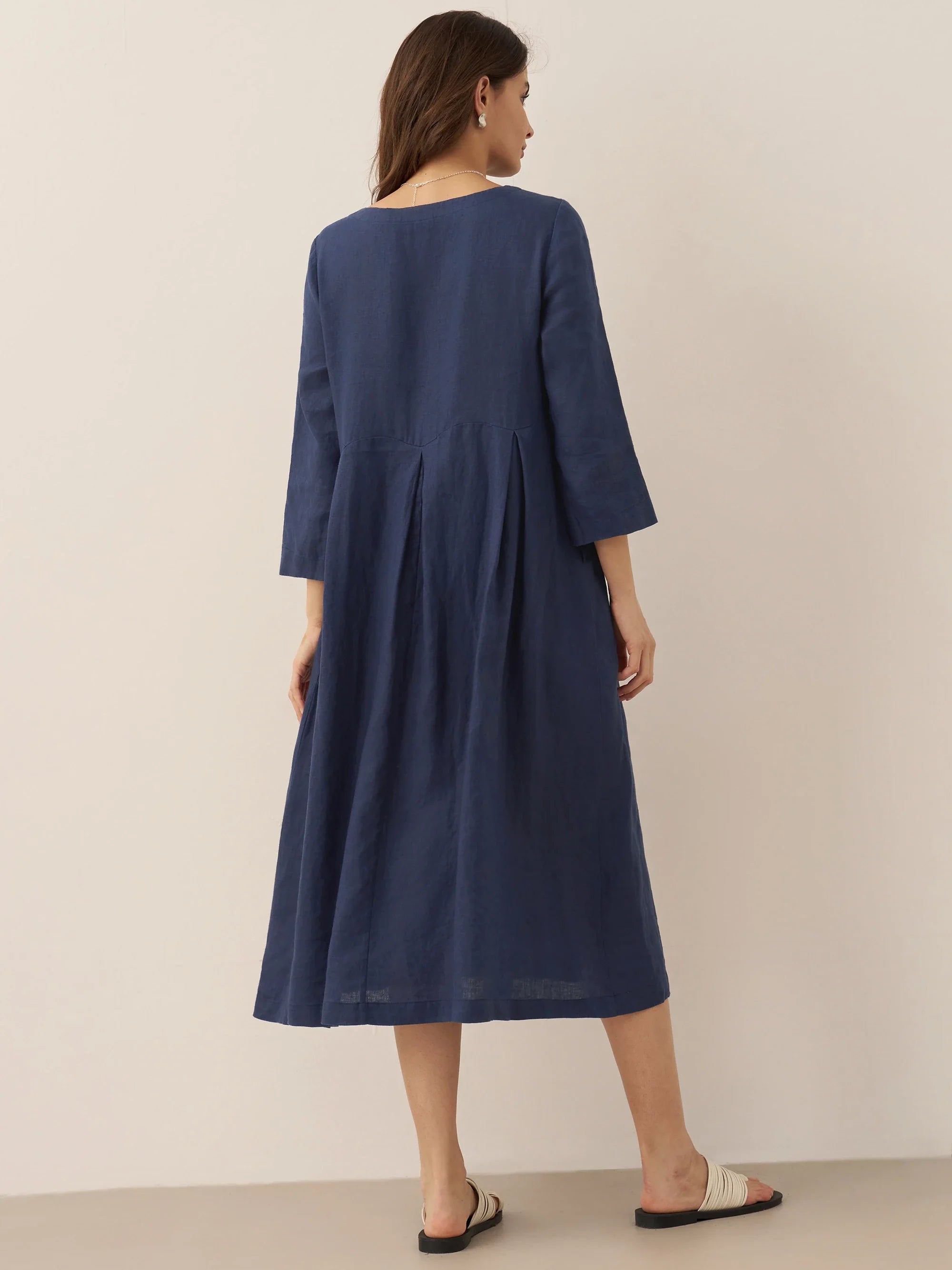 LINTICO 100% Linen Bateau Neck Pleated Maxi Dress ABIGAIL — feature highlight