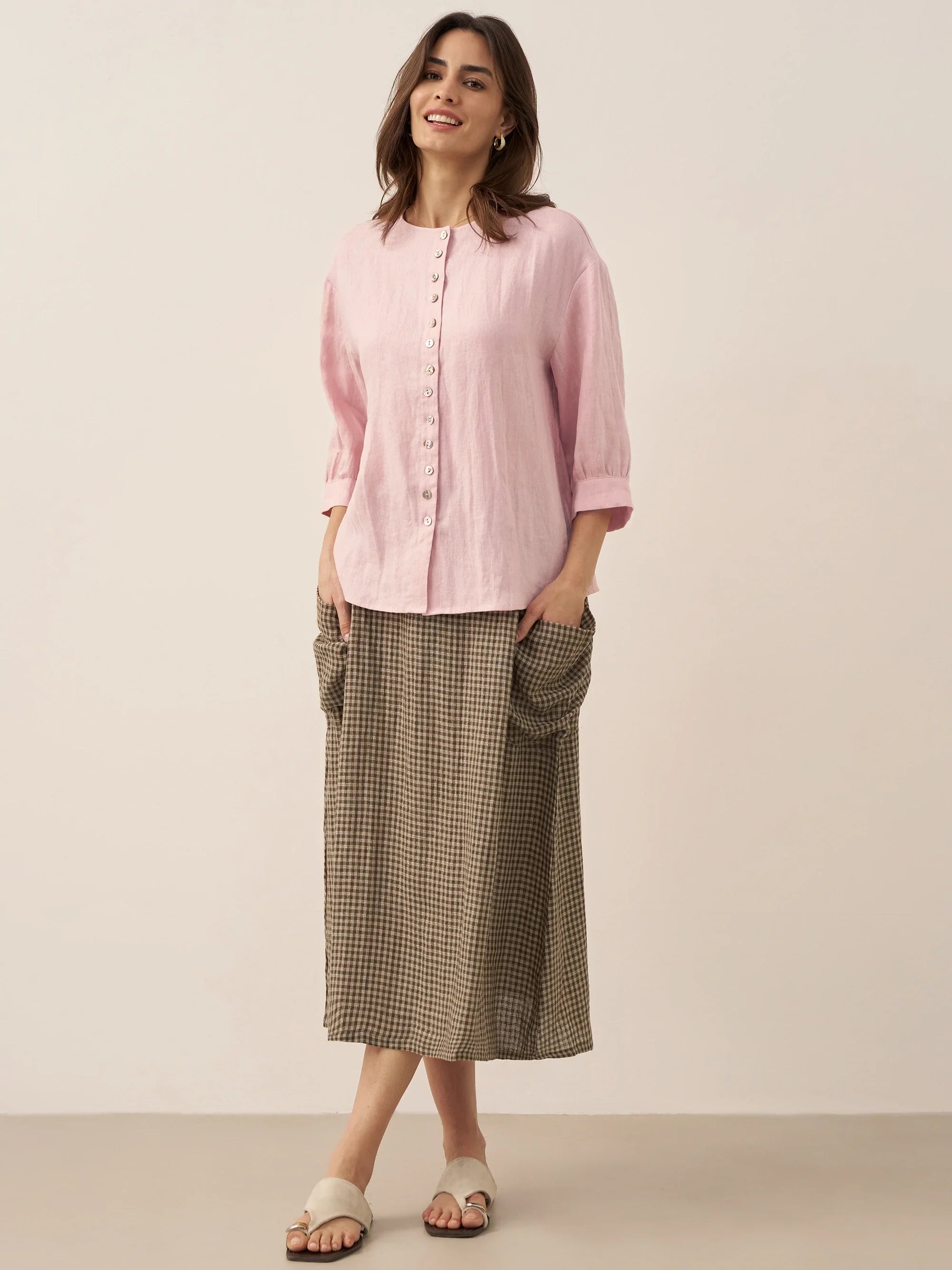 LINTICO Linen Checked Elastic Waist Skirt MARINA — detail shot 8