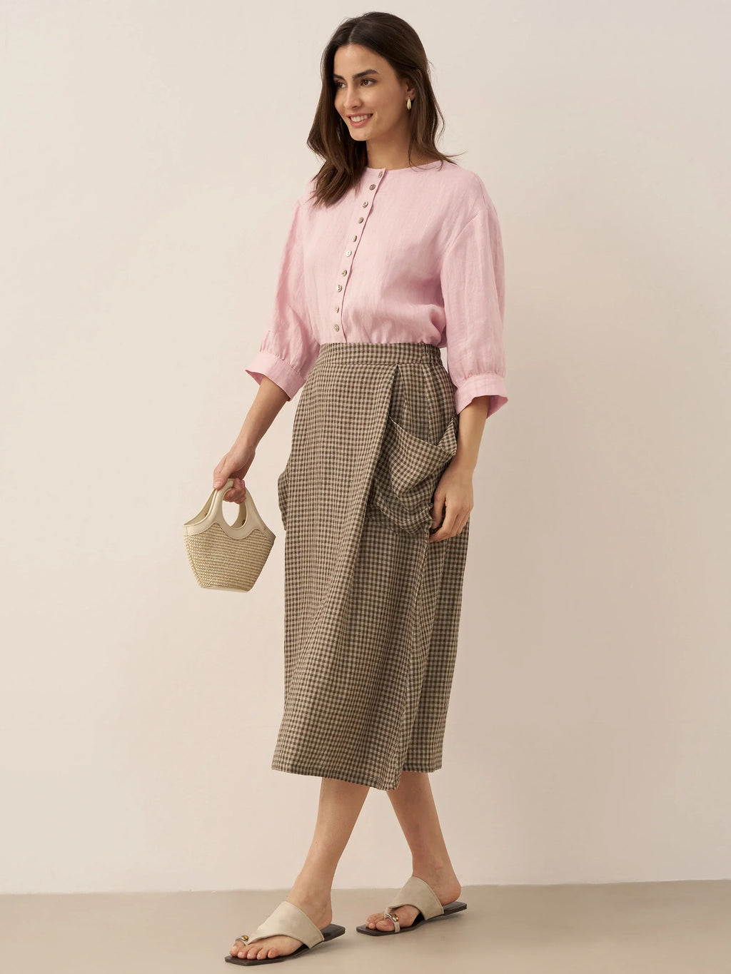 LINTICO Linen Checked Elastic Waist Skirt MARINA — detail shot 7
