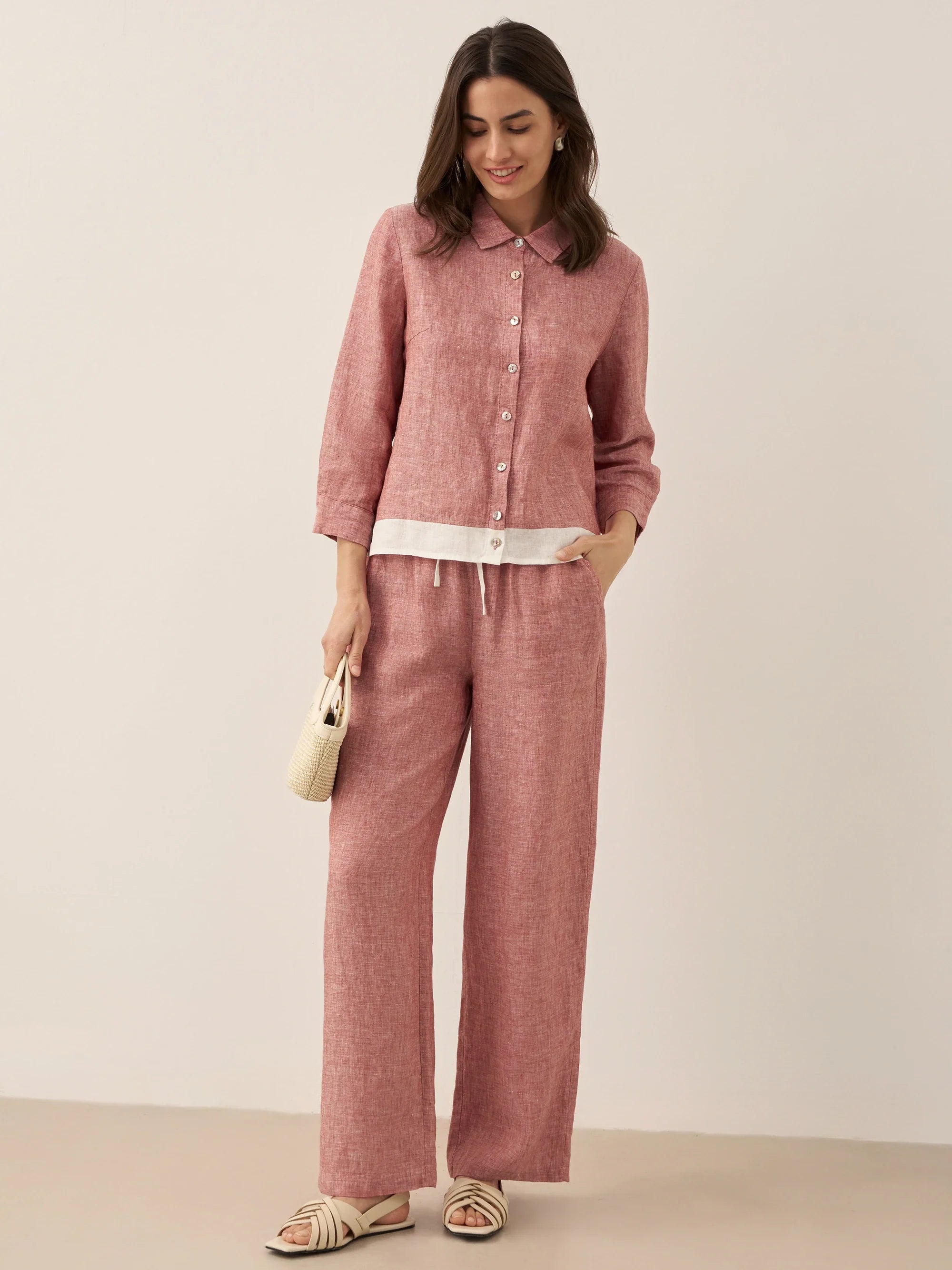 LINTICO 100% Linen Buttoned Closure Color-Blocked Shirt JANICE — main product shot