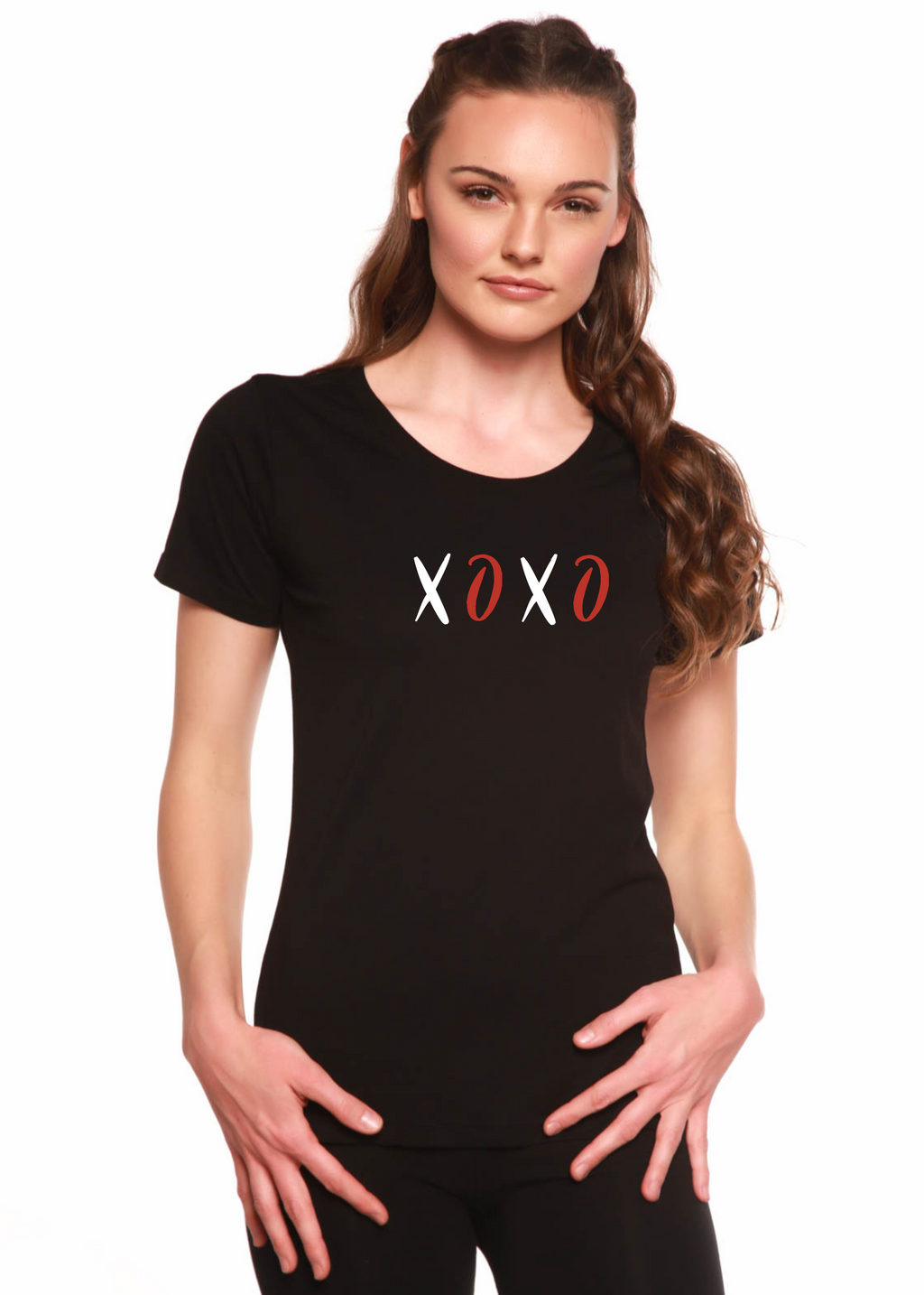 Spun Bamboo XOXO Women's Bamboo Sleeve Scoop Neck Graphic T-Shirt — lifestyle context