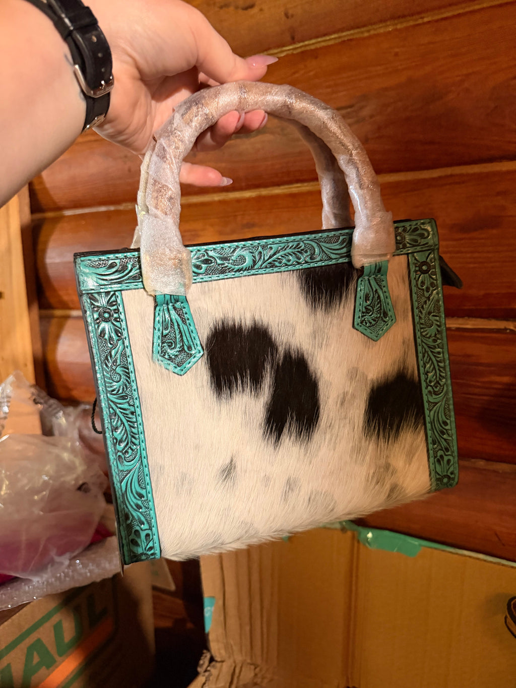 Genuine Leather, Hand Tooled, Hair on Hide Small tote with wooden handles