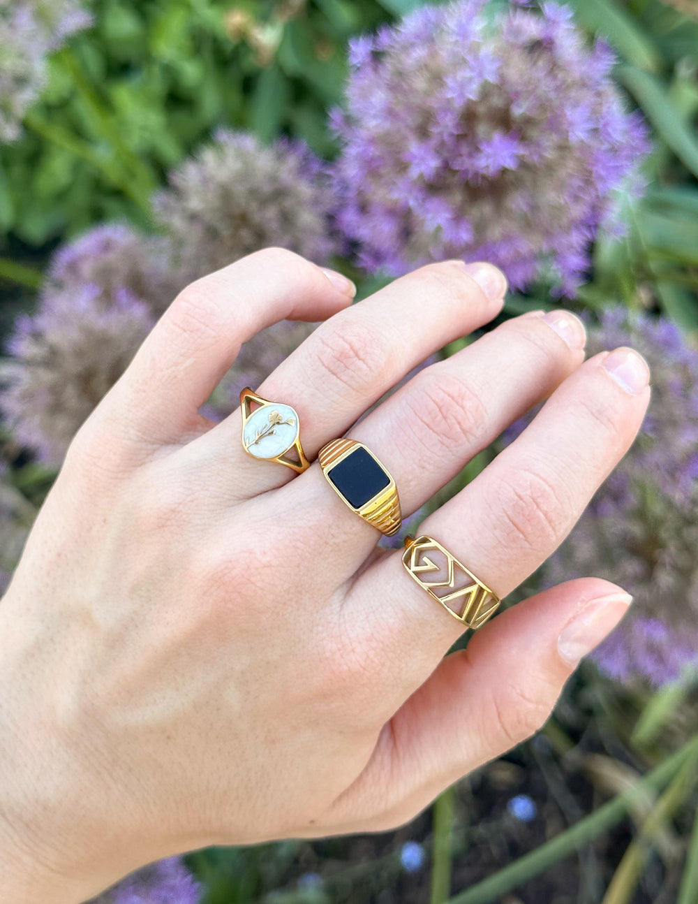 Elevated Faith Wildflower Signet Ring — lifestyle context