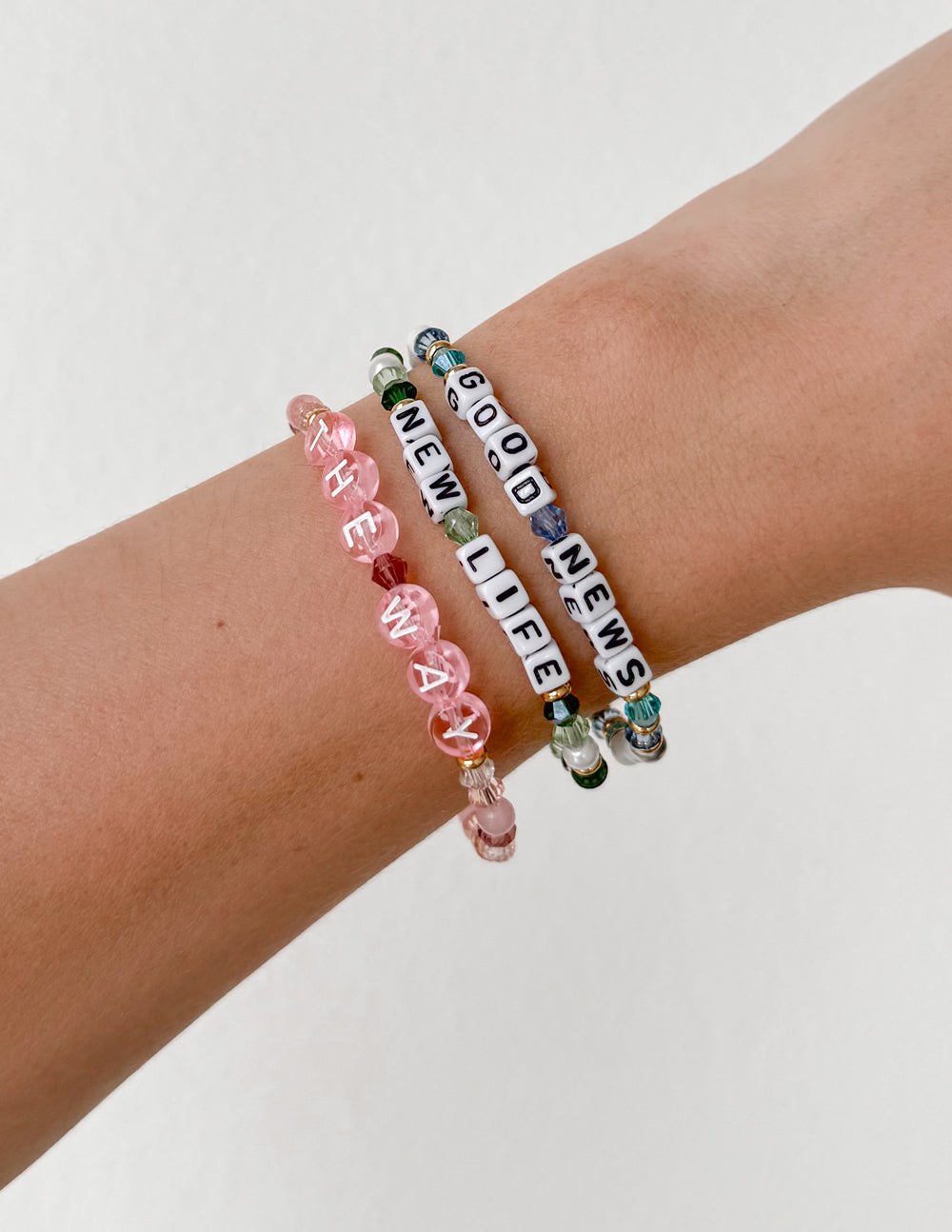 Elevated Faith Good News Letter Bracelet — detail close-up