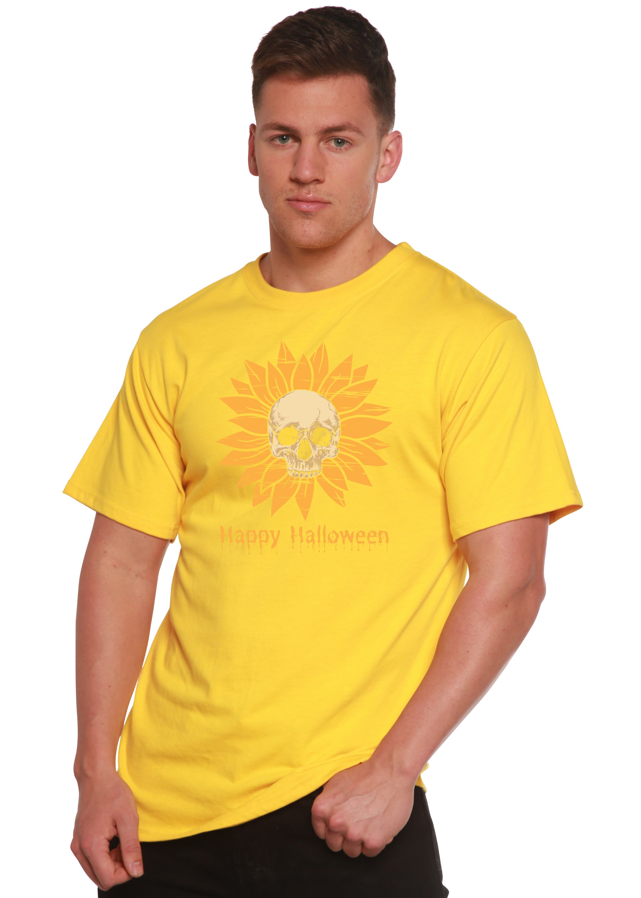 Spun Bamboo Happy Halloween Day Men's Bamboo Viscose/Organic Cotton Short Sleeve Graphic T-Shirt — back view