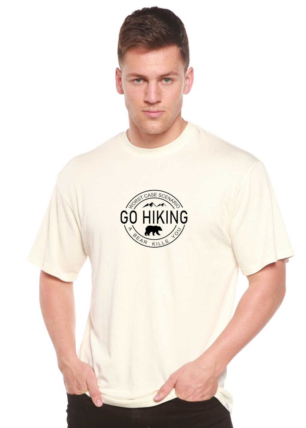 Spun Bamboo Go Hiking Men's Bamboo Viscose/Organic Cotton Short Sleeve Graphic T-Shirt — detail close-up