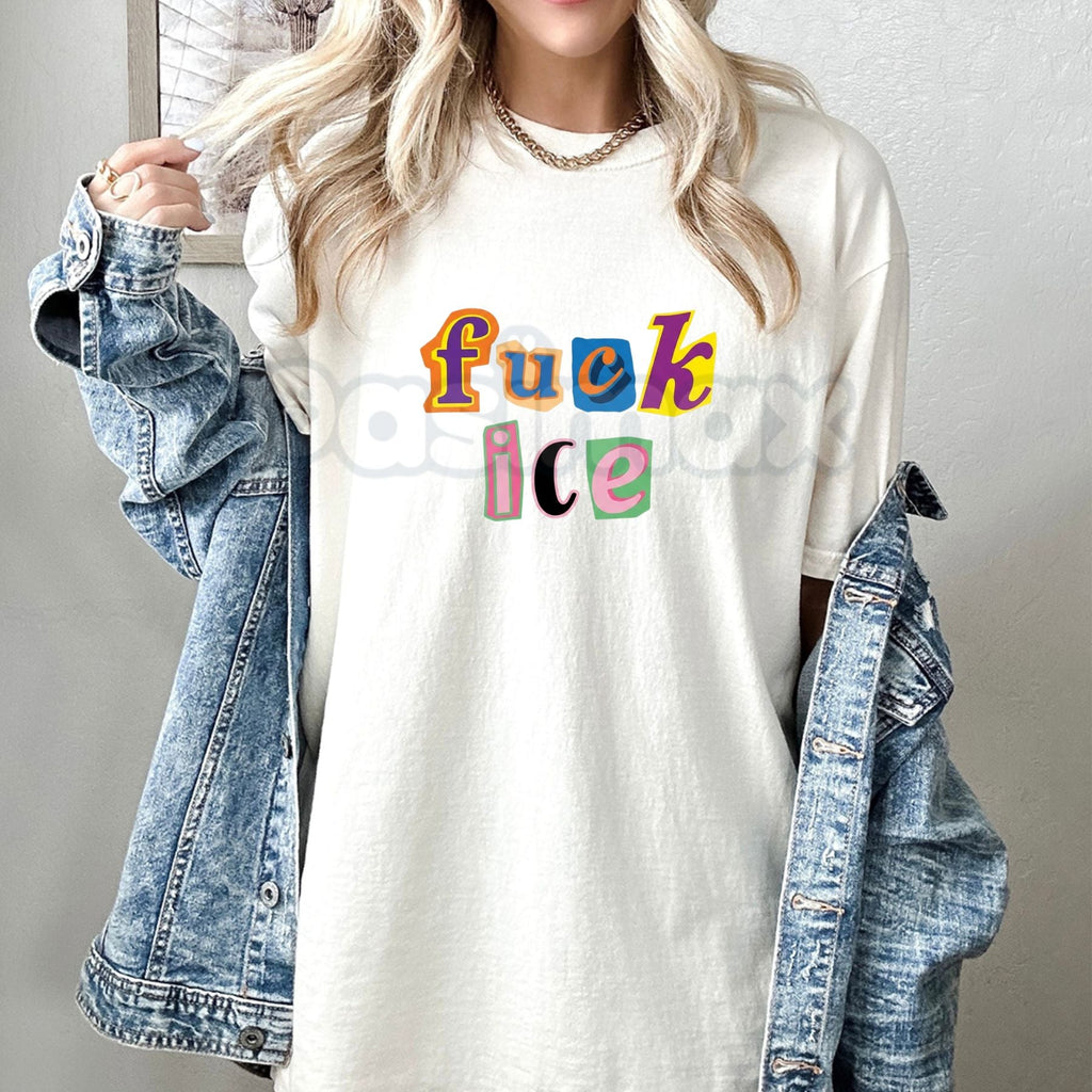 Pasimax "Anti-ICE" Magazine Letter T-Shirt - Radical Activist Ransom Note Graphic Tee, Subversive Immigration Reform Shirt, P