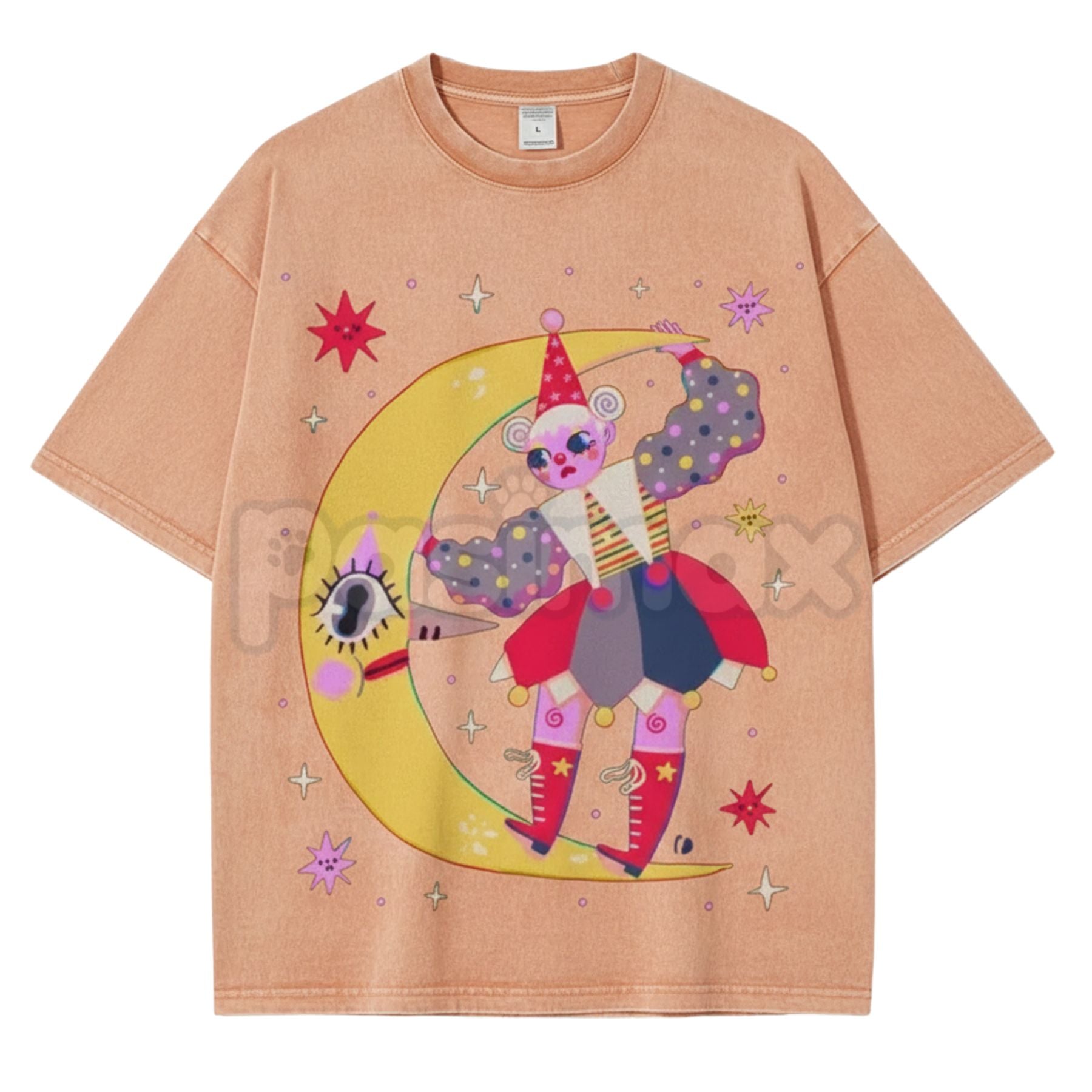 Pasimax Star Clown Unisex Vintage Washed Tee – Retro Celestial Circus Graphic Streetwear T-Shirt — detail close-up