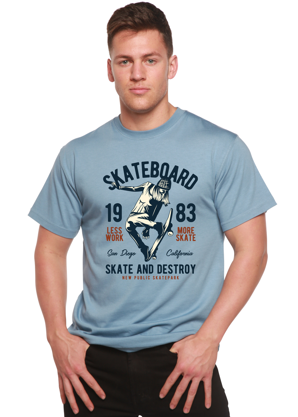 Spun Bamboo Skateboard 1983 Men's Bamboo Viscose/Organic Cotton Short Sleeve Graphic T-Shirt — detail close-up