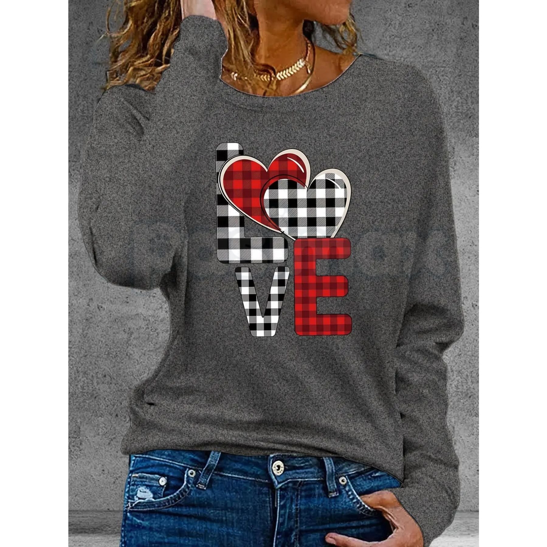 Pasimax Valentine’s Day Heart Pattern Long Sleeve T-Shirt – Autumn Winter Romantic Graphic Tee for Men & Women — detail close