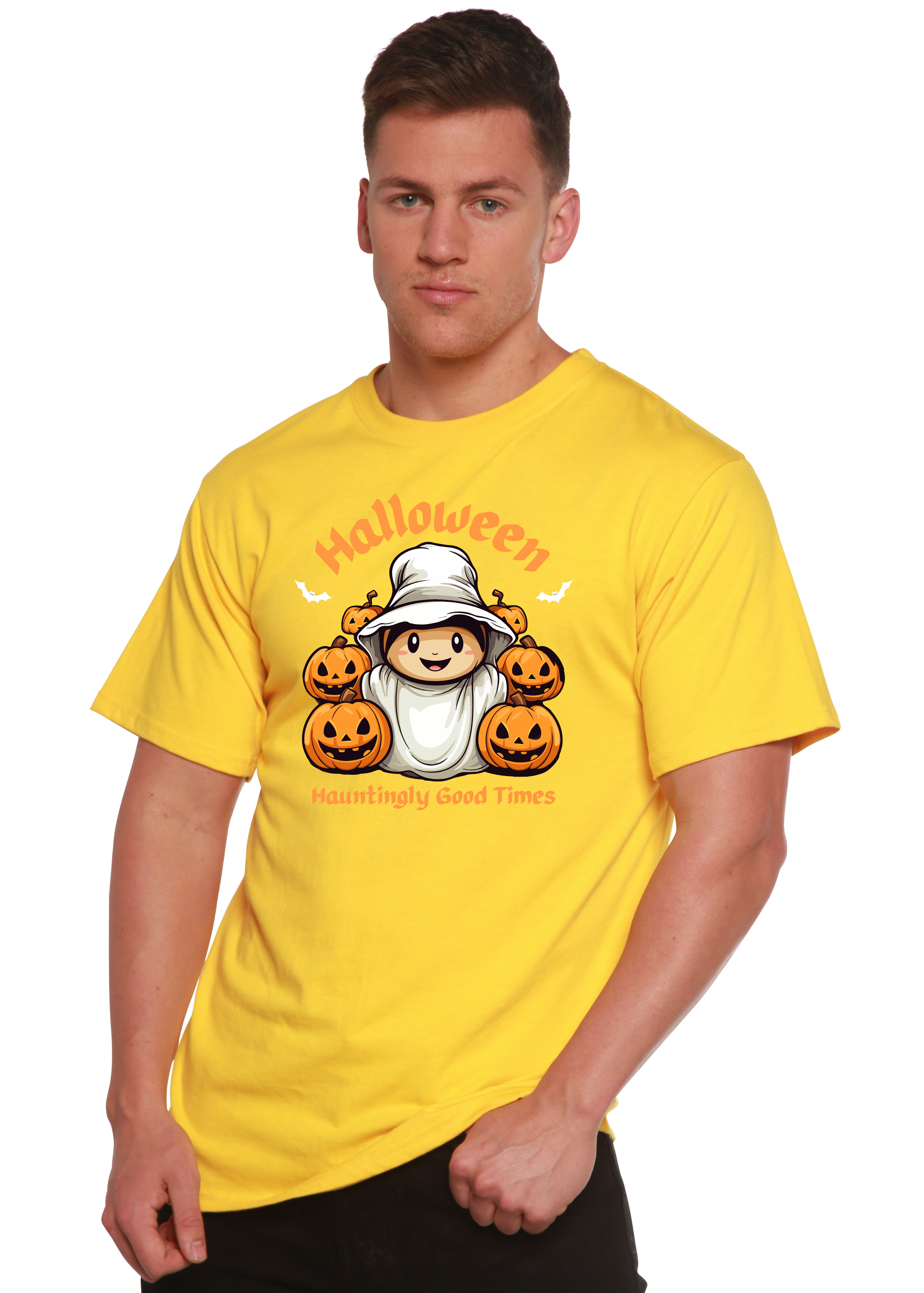 Spun Bamboo Halloween Hauntingly Good Times Day Men's Bamboo Viscose/Organic Cotton Short Sleeve Graphic T-Shirt — side view