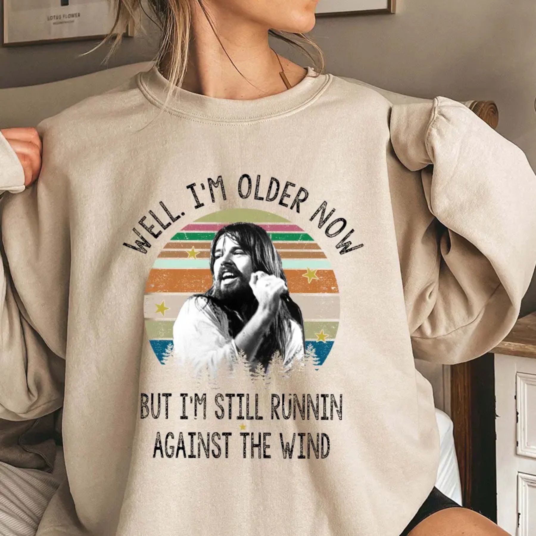 Pasimax Bob Seger "Well I'm Older Now" Sweatshirt – Vintage Running Quotes Top — detail close-up