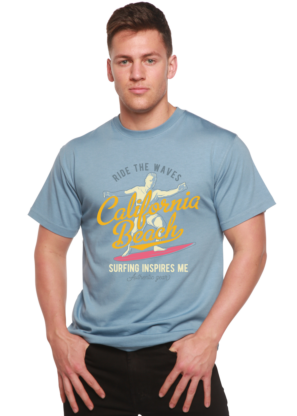 Spun Bamboo California Beach Men's Bamboo Viscose/Organic Cotton Short Sleeve Graphic T-Shirt — in-use photo