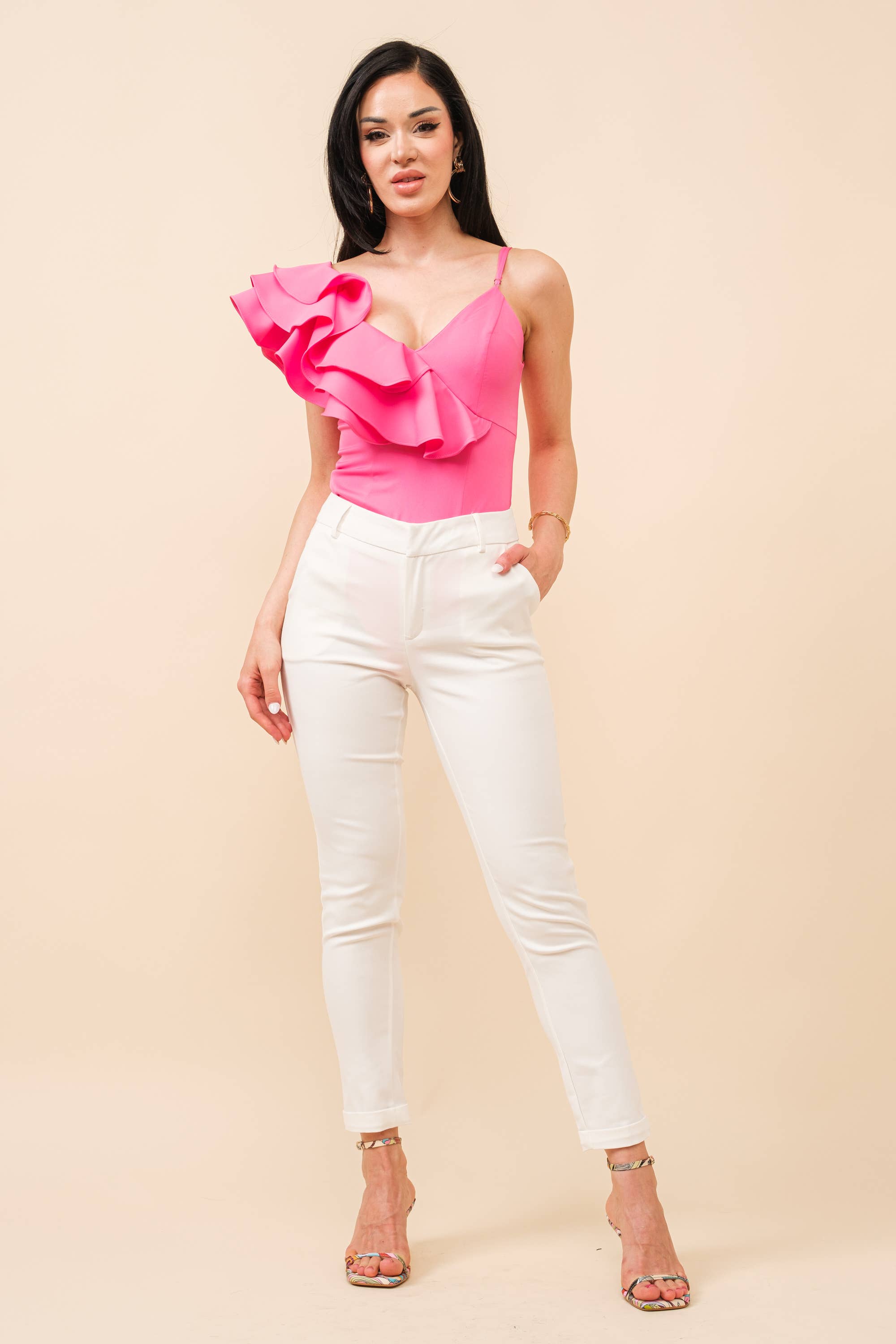 Asymmetrical pink ruffle tank bodysuit