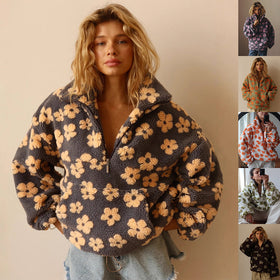 Winter Flowers Lambskin Sweatshirt Women | Cozy Zip-Up Pocket Pullover