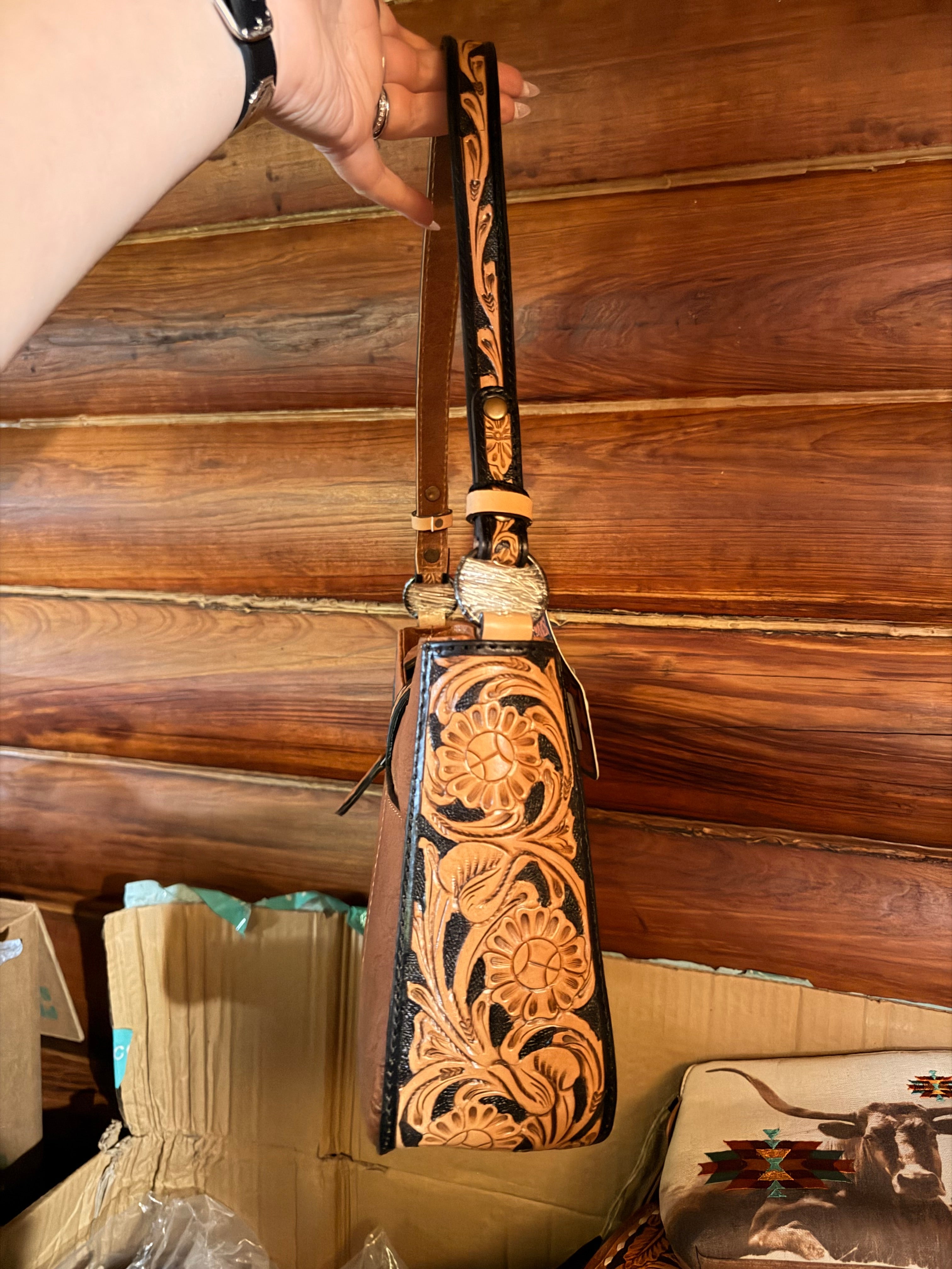 Genuine Leather, Hand Tooled hair on hide shoulder bag